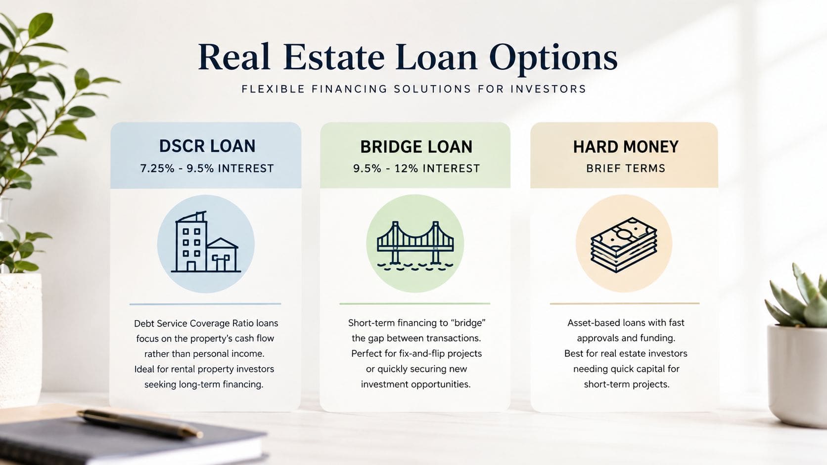 An infographic displaying three types of real estate financing options for investors: DSCR loans, bridge loans, and hard money.