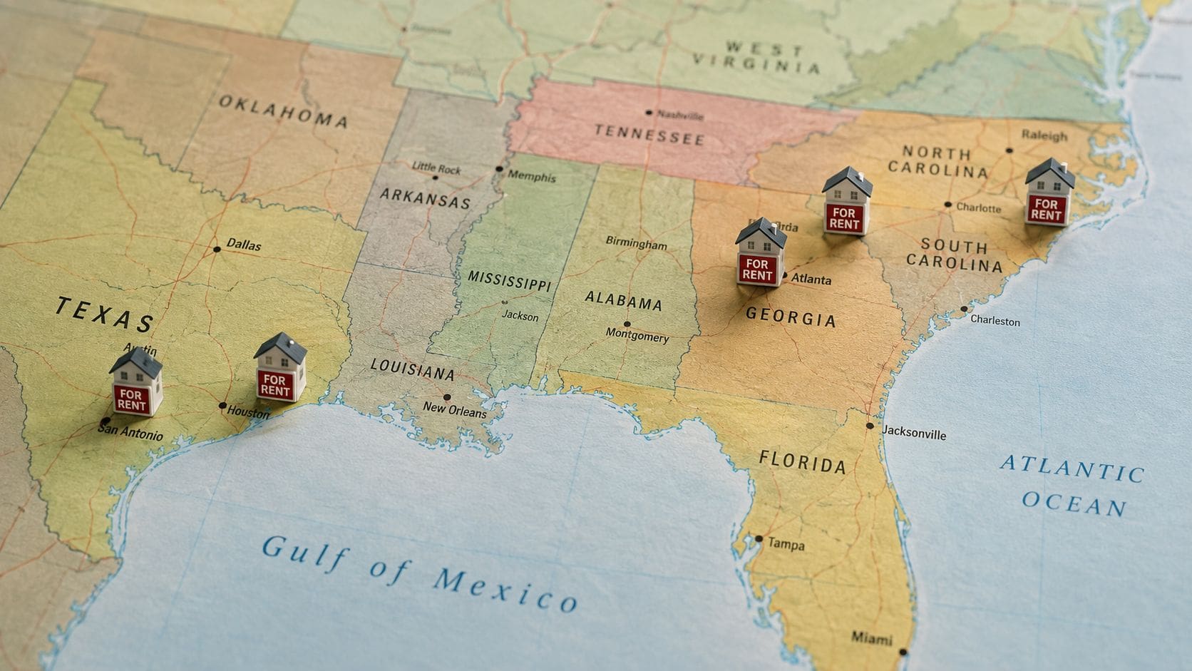 A map of the United States with small toy houses labeled for rent placed on different cities.