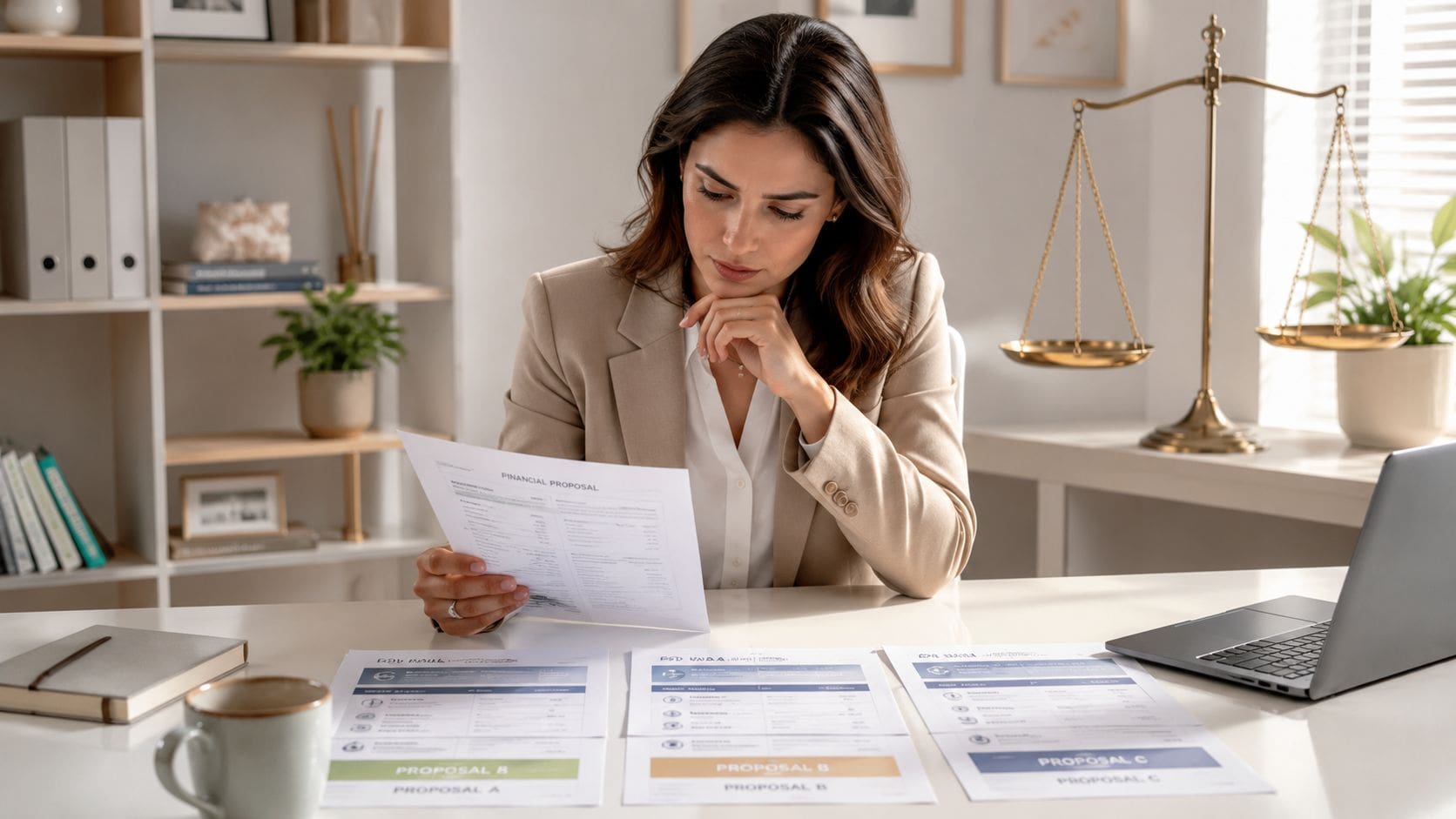 A professional woman in a beige blazer reviews financial proposal documents at her desk in an office.