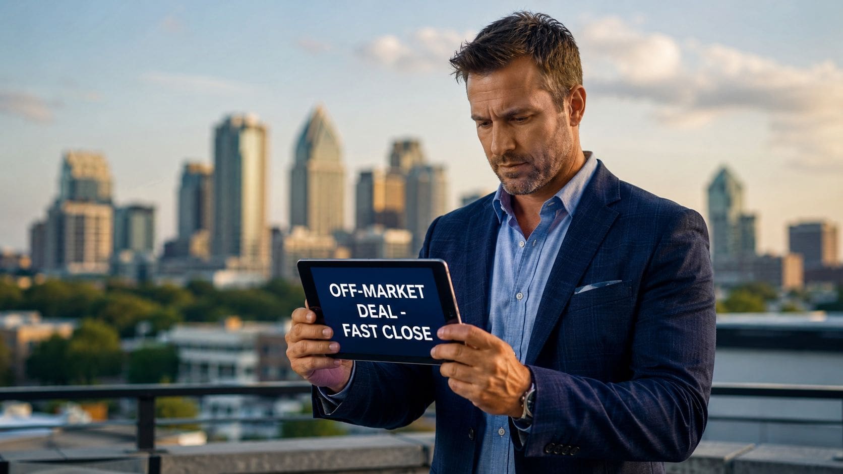 A professional man holding a tablet with the text Off-Market Deal - Fast Close against a city skyline.