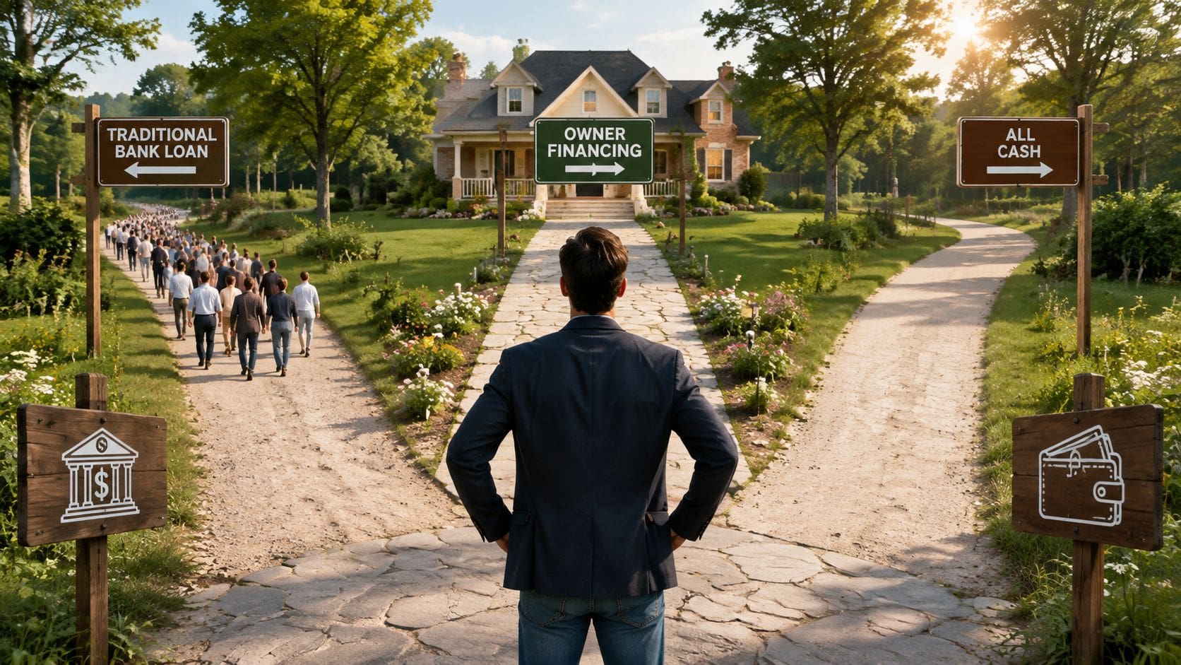 A businessman standing at a crossroads choosing between traditional bank loans, owner financing, or all-cash options.
