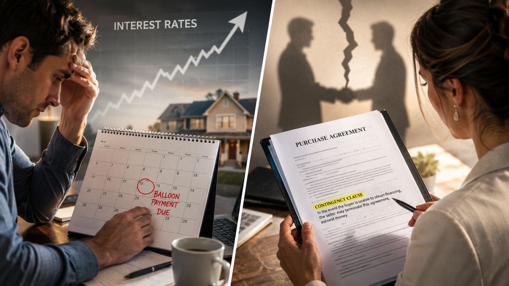 A split-screen view showing a stressed man looking at a calendar and a person reviewing a purchase agreement.