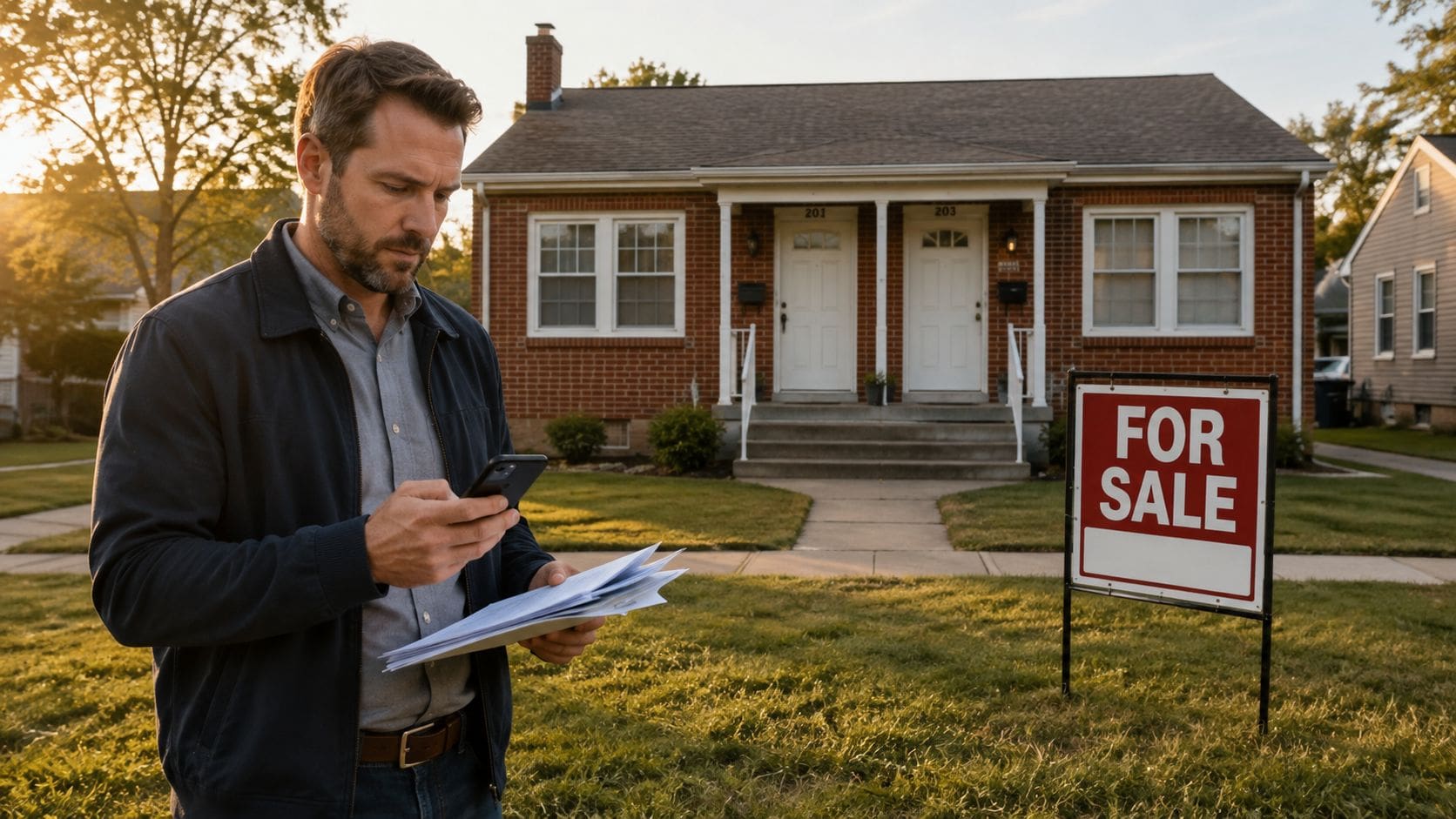 A real estate agent reviews documents on his smartphone while standing in front of a for-sale duplex house.