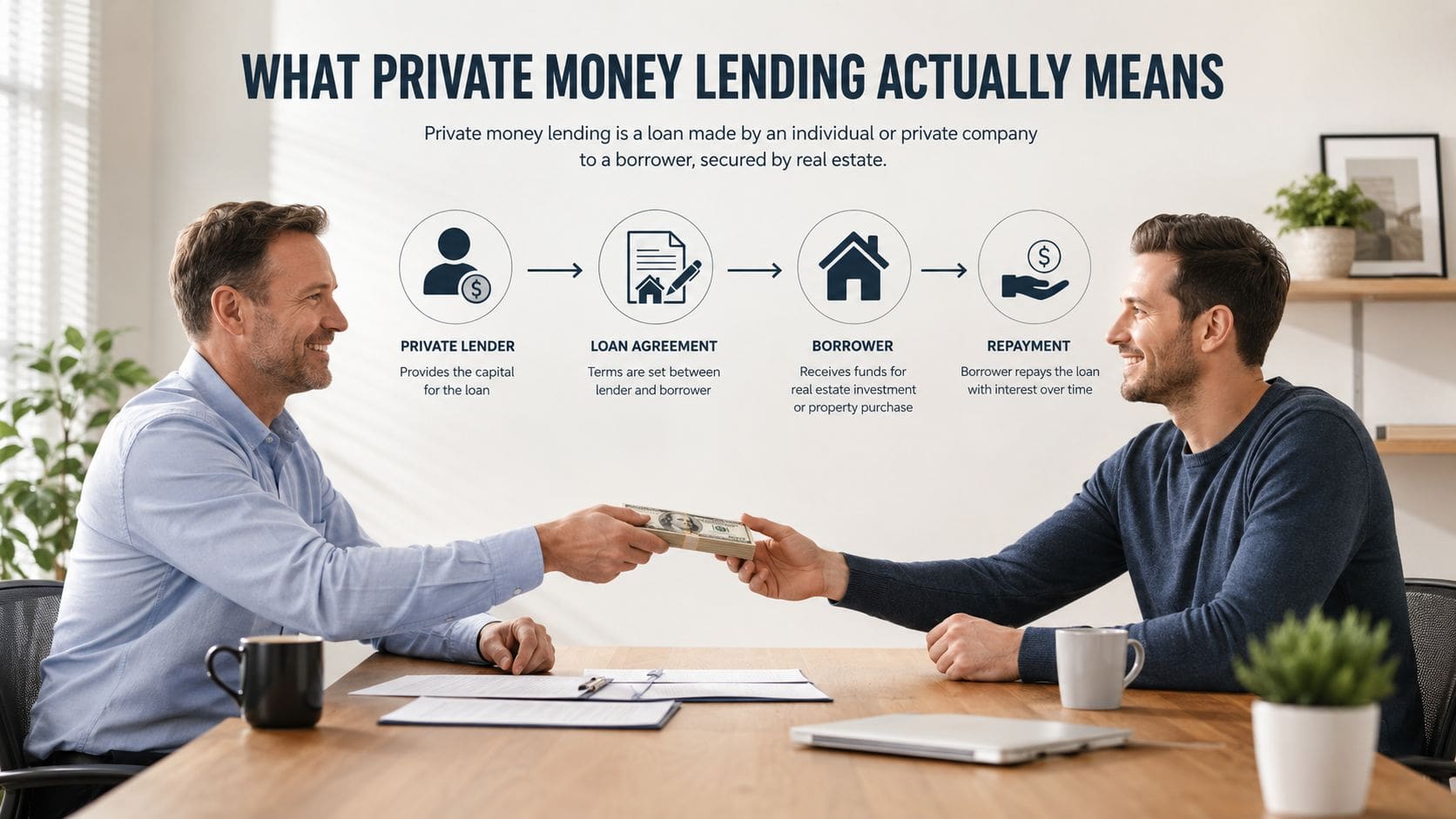 A private lender hands cash to a borrower, illustrating the loan process with an informative infographic flow.