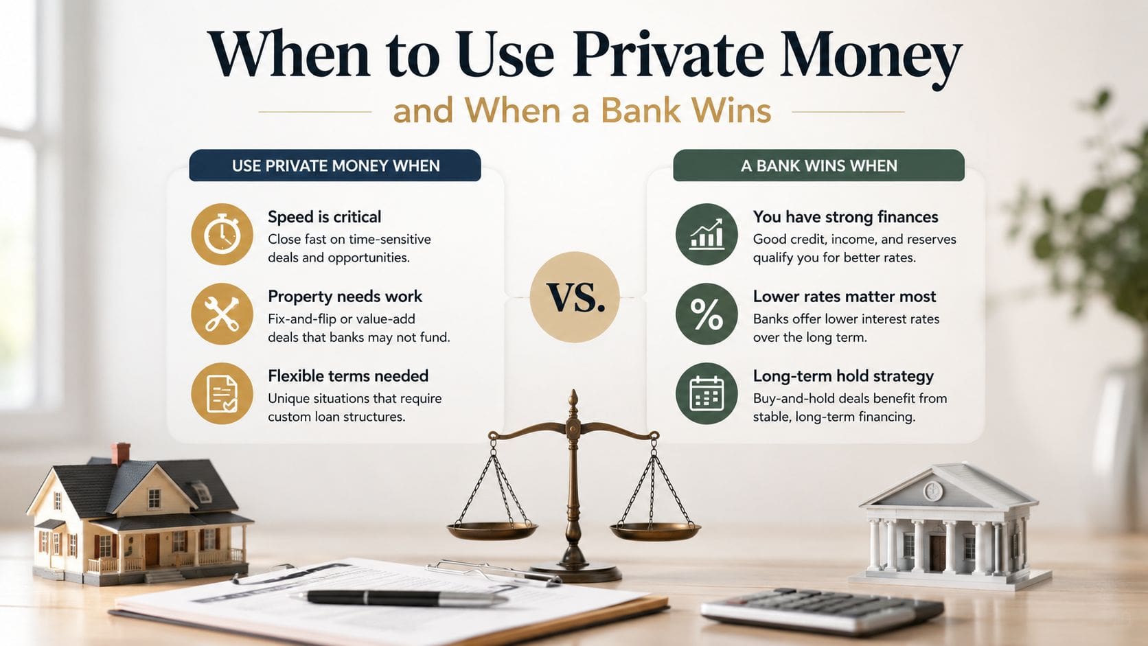 A comparison chart showing when to use private money versus bank loans for real estate investments.