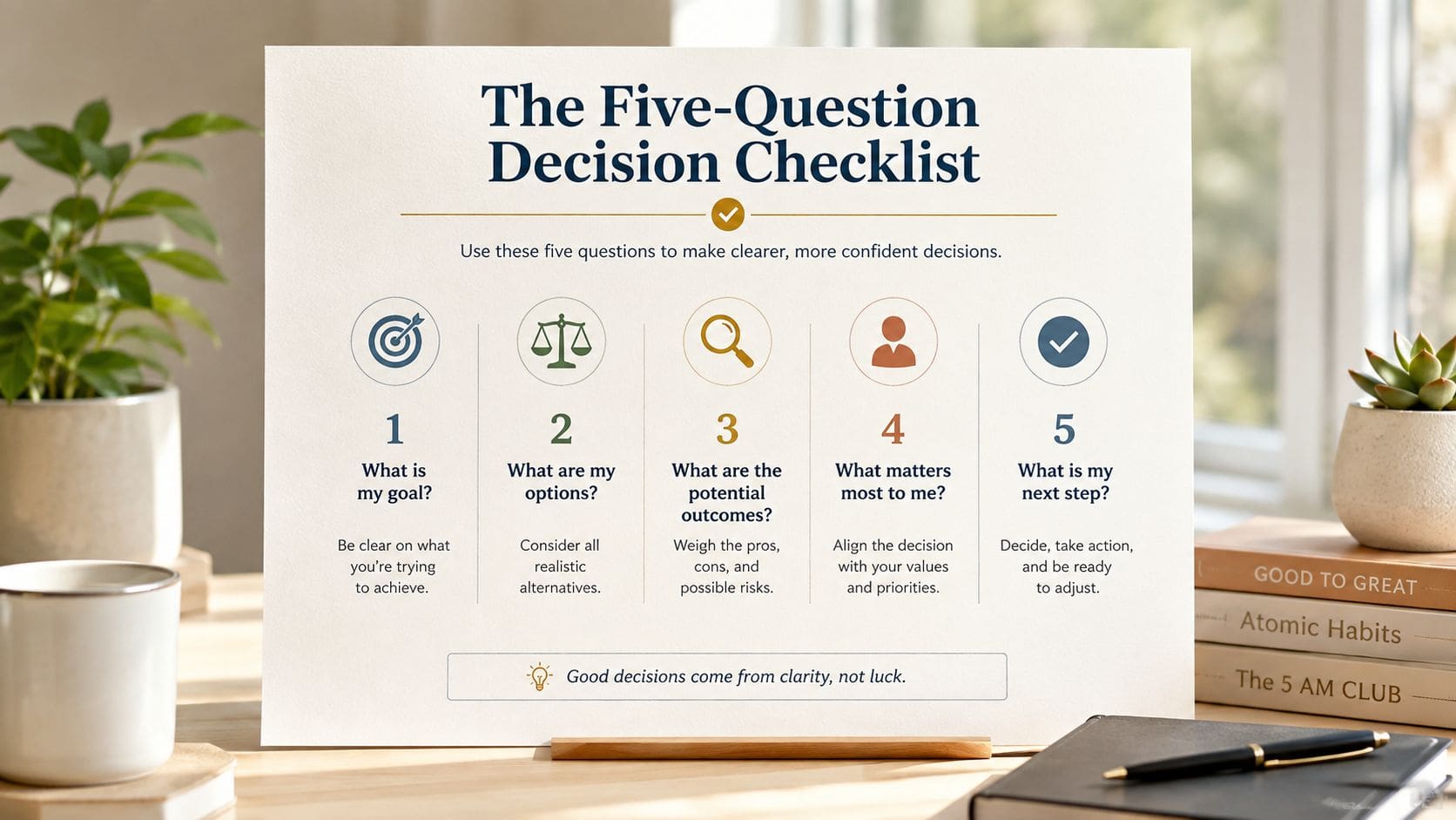 A five-step decision-making checklist infographic displayed on a desk with a plant and books.