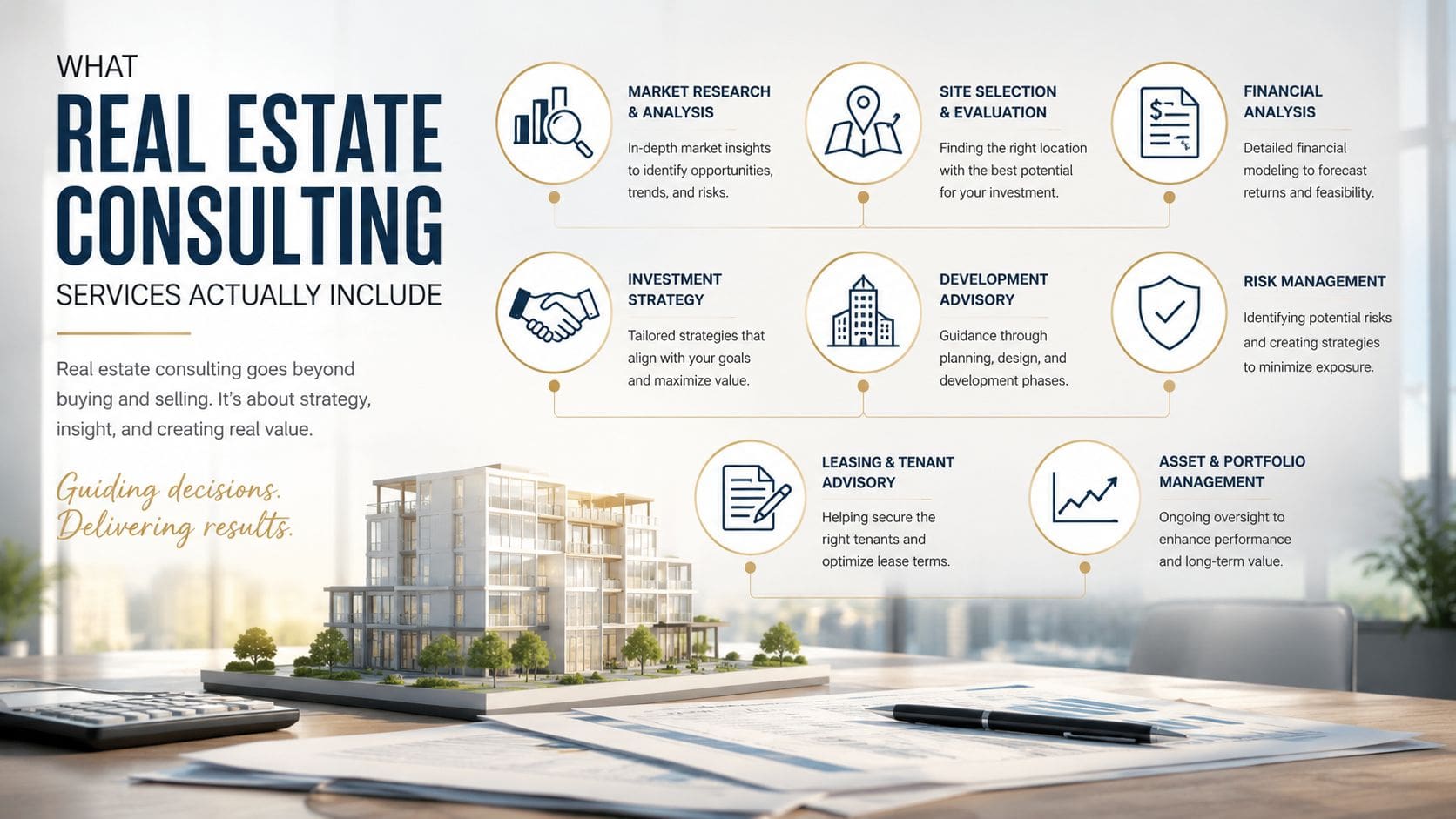A professional infographic detailing various components of real estate consulting services for property investment and management.