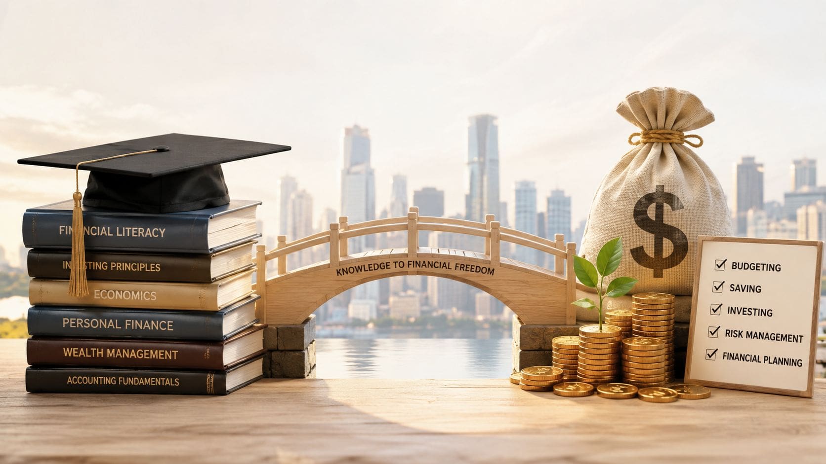 A conceptual image showing books topped by a graduation cap, a bridge, and a money bag representing financial education.