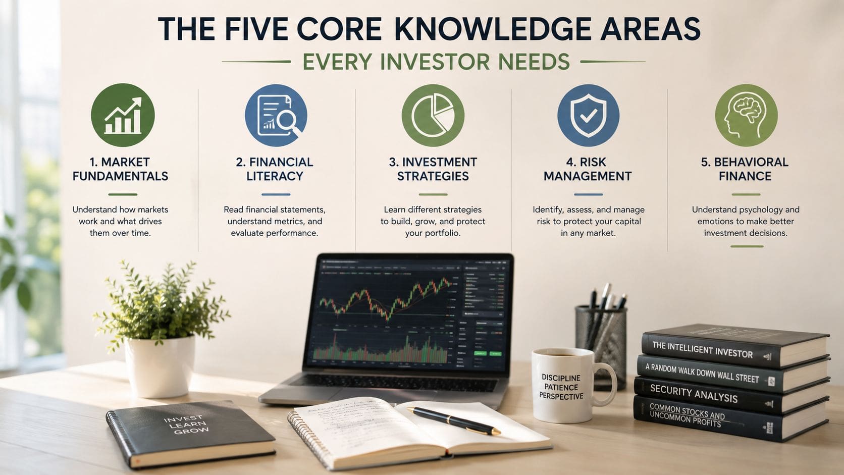 A professional desk featuring a laptop displaying stock charts, books, and an educational graphic about five core investment knowledge areas.