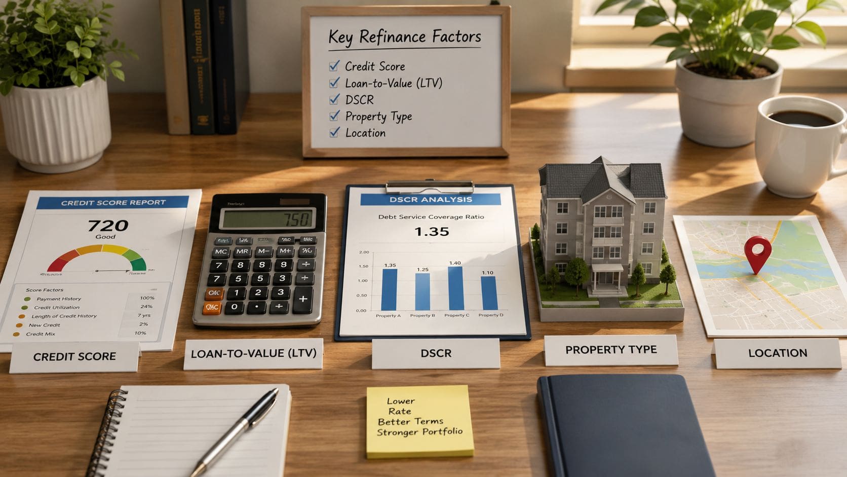 A workspace display showing financial documents, a calculator, and a model house to illustrate rental property refinance factors.