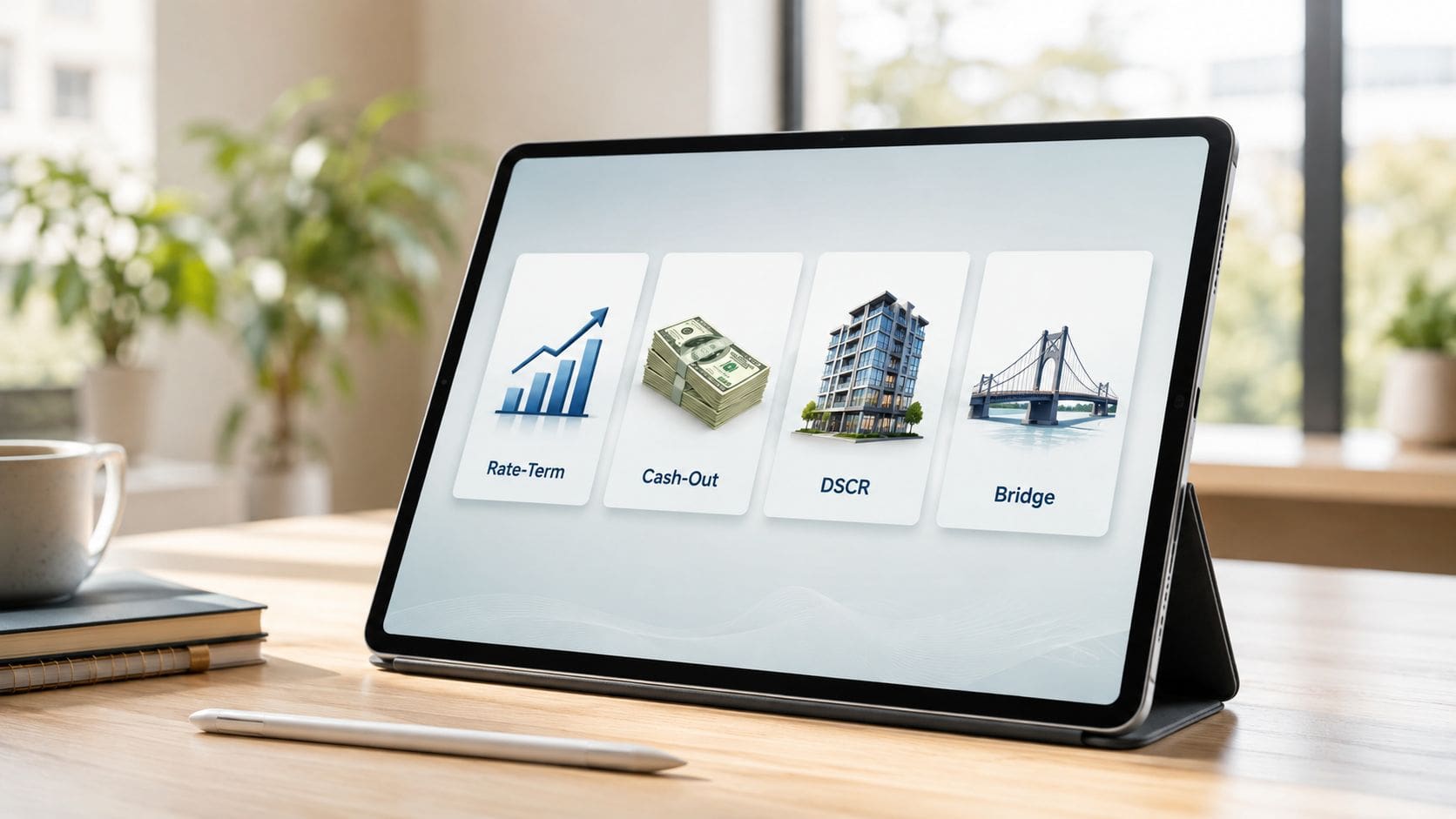 A digital tablet displaying four mortgage loan options: Rate-Term, Cash-Out, DSCR, and Bridge financing icons.