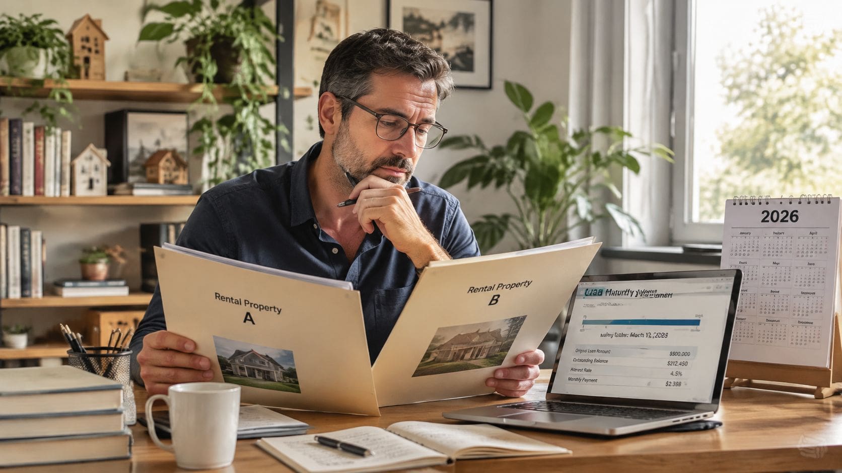 A man in a home office comparing rental property financial documents while looking at a laptop screen.