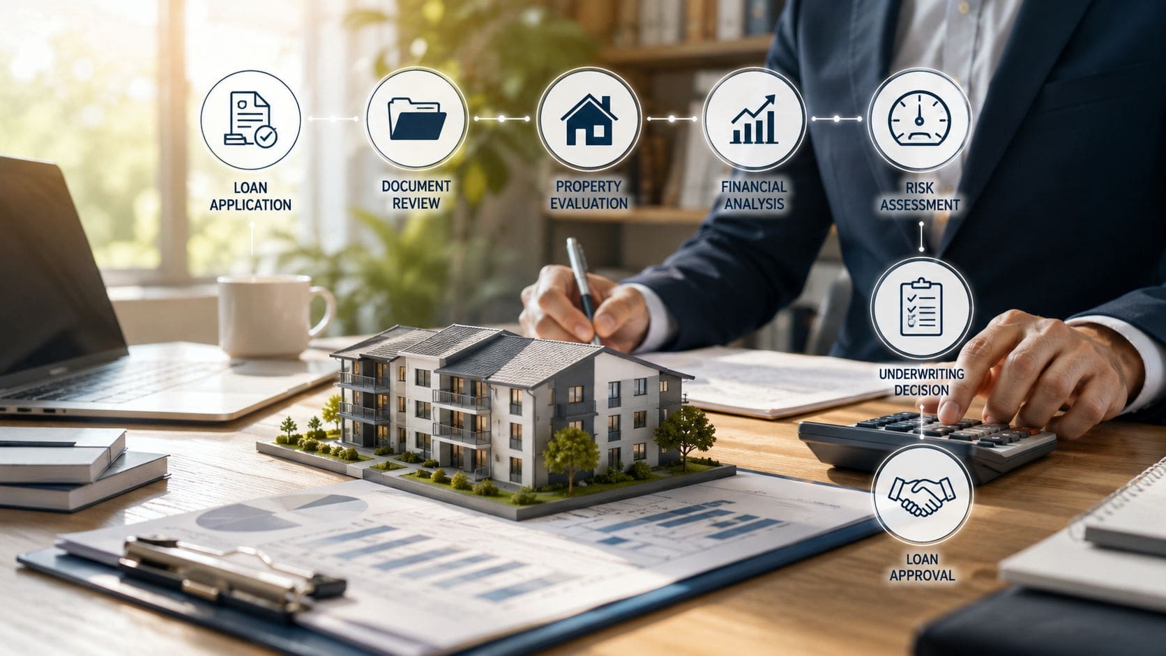 A professional analyzing a miniature building model with a loan process flowchart displayed over their workspace.