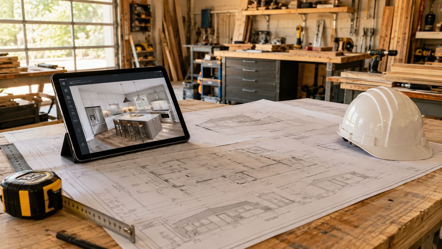 A construction planning scene featuring a tablet showing a kitchen design, blueprints, a helmet, and measuring tools.