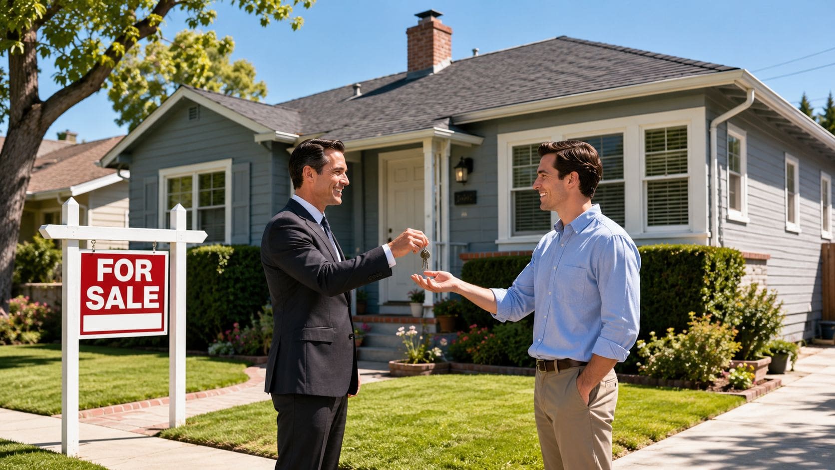 A real estate agent in a suit hands house keys to a client in front of a home.