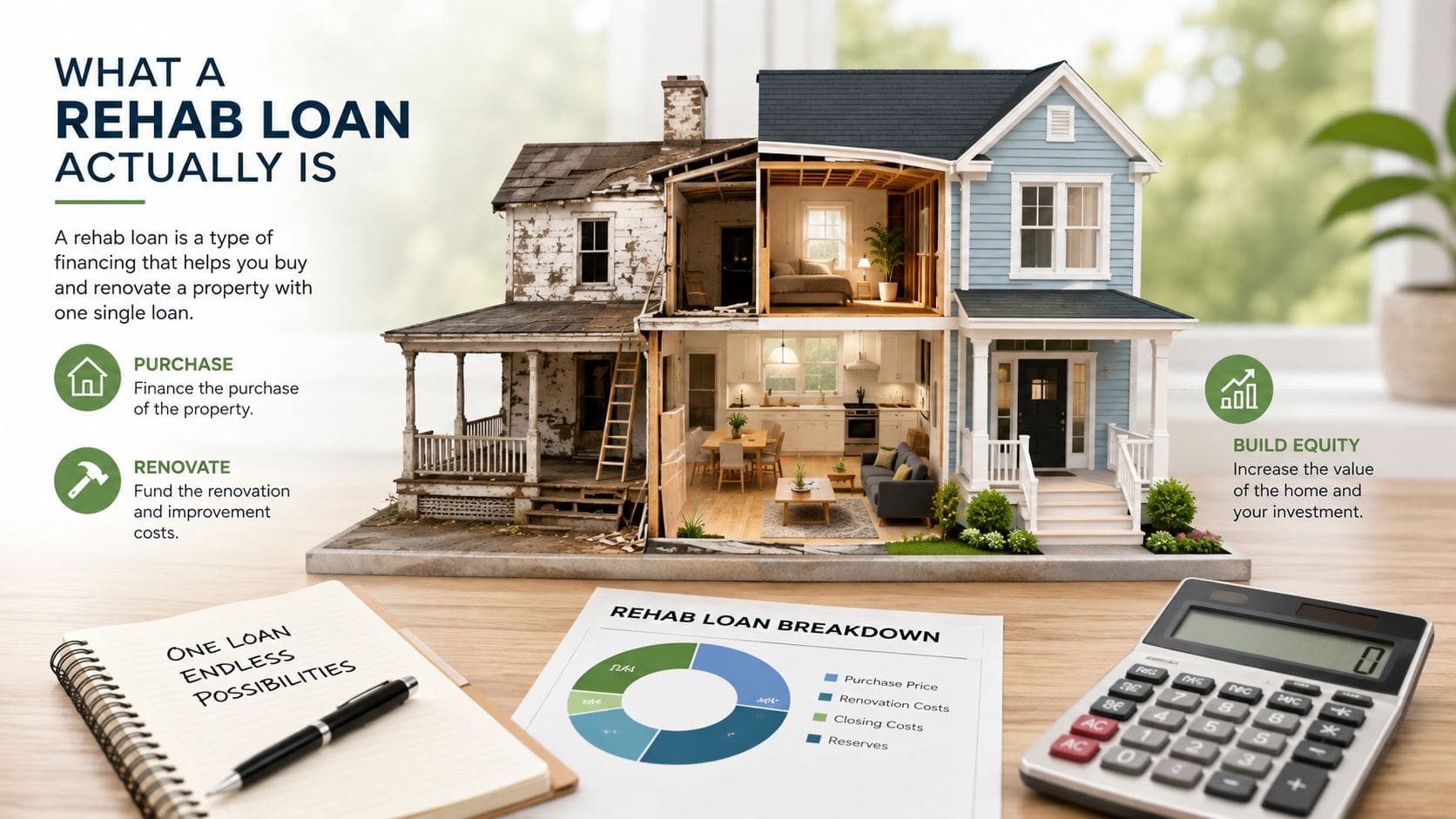 A house model showcasing the renovation process alongside financial tools like a notebook and calculator.