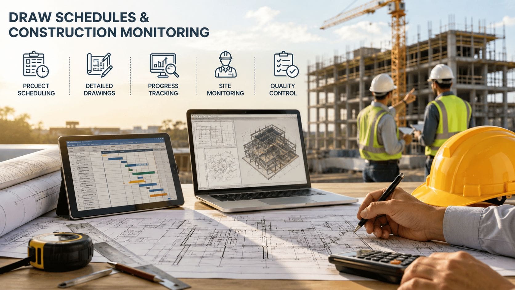 Construction professionals working with blueprints, digital tablets, and software to manage building projects and site progress.