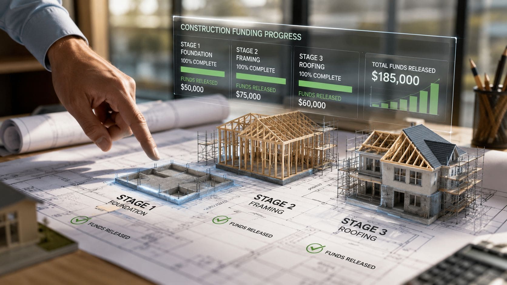 A hand pointing at house construction blueprints with a digital overlay showing funding progress for three stages.