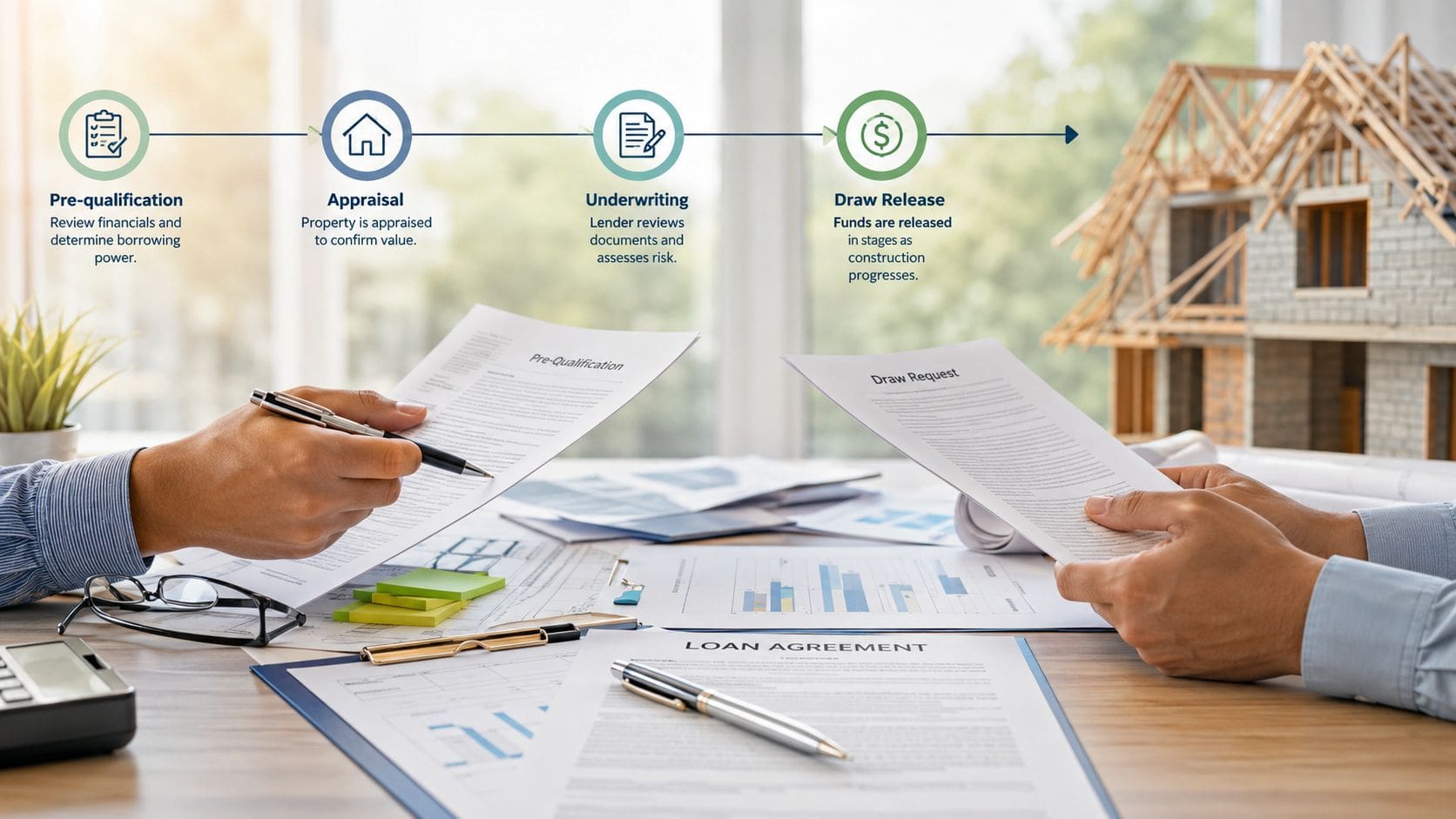 A professional reviewing construction loan documents and a visual diagram outlining the four stages of the process.