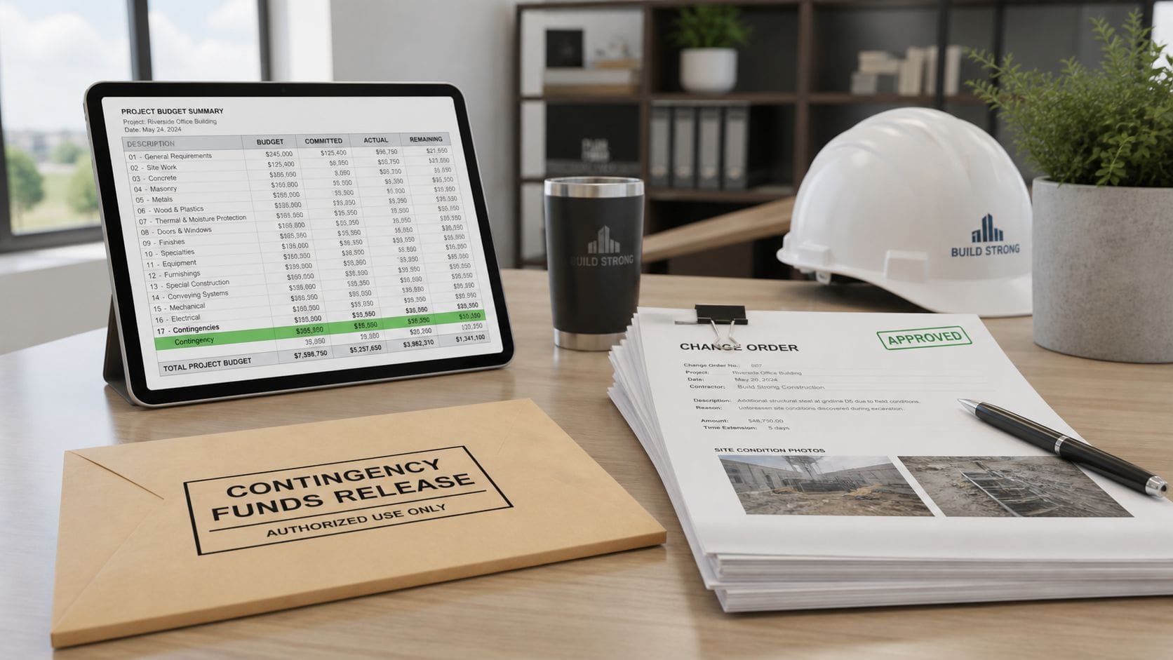 Construction project management setup on a wooden desk with a digital budget, hard hat, and approved change order.