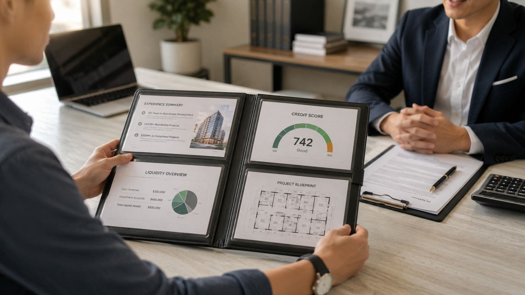 A professional real estate developer showing business portfolio documents to a loan officer for financial approval.