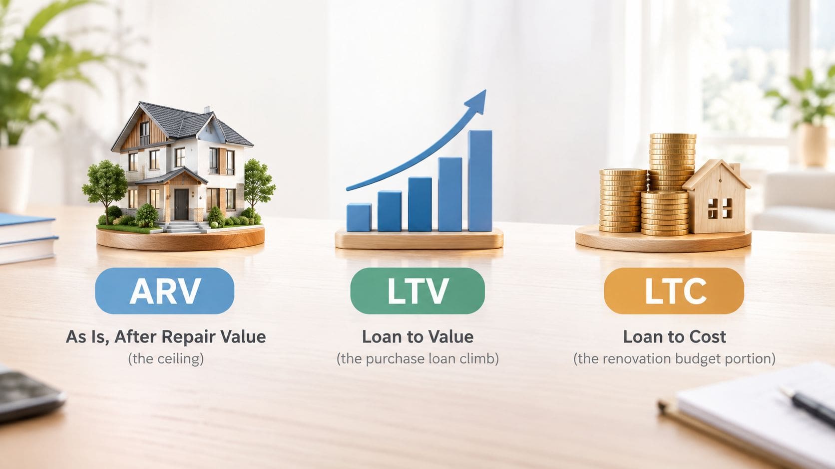 A visual guide illustrating the financial concepts of ARV, LTV, and LTC for fix and flip loans.