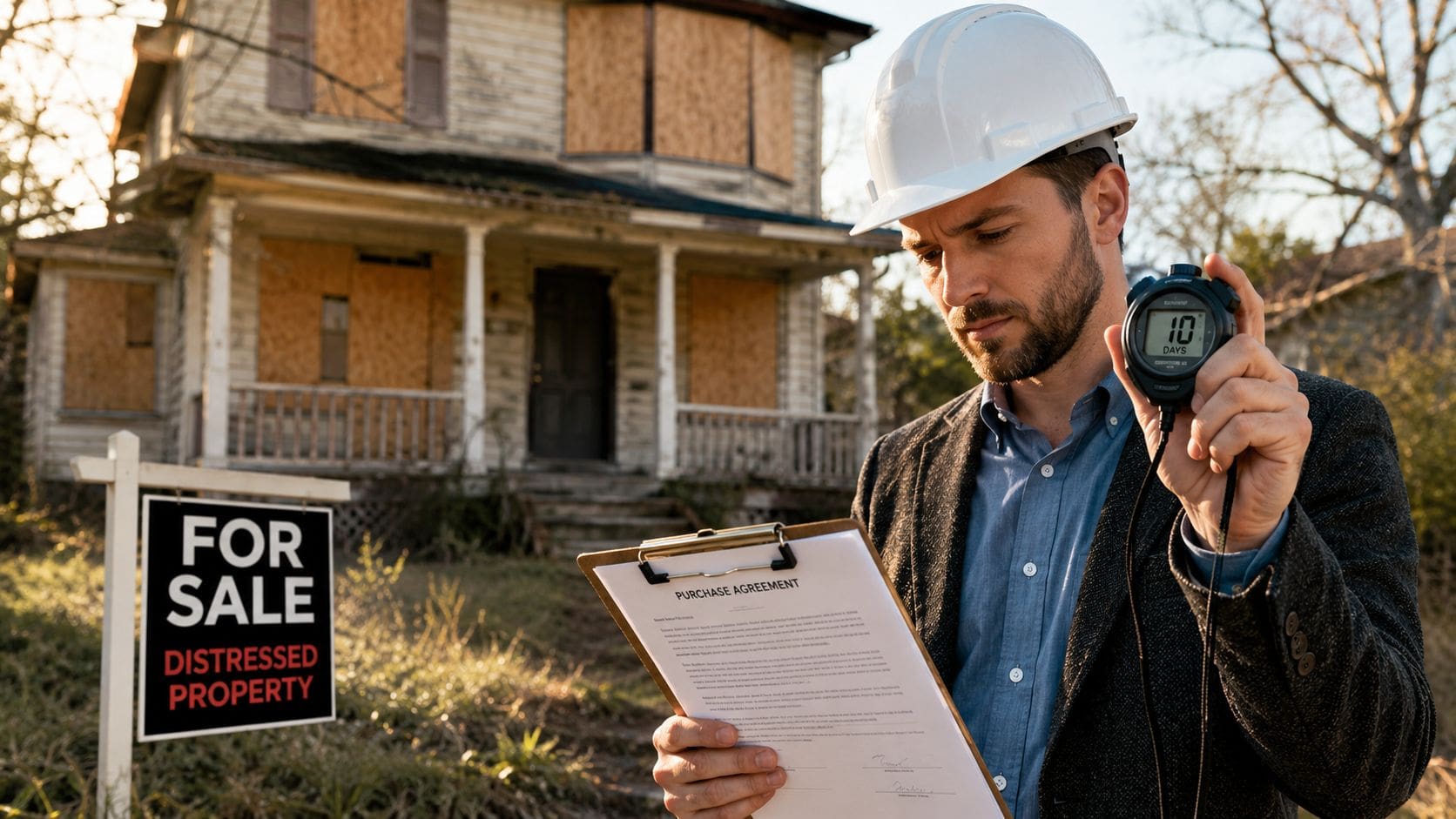 A professional real estate investor in a hard hat reviewing a purchase agreement for a distressed house.