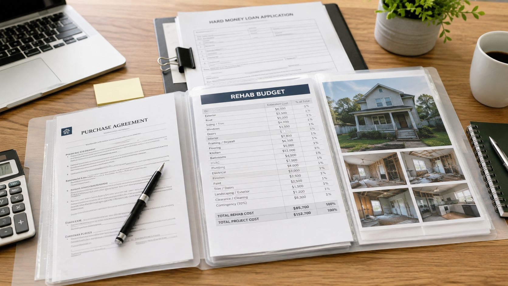 A professional desk workspace featuring a purchase agreement, rehab budget document, and house renovation project photos.