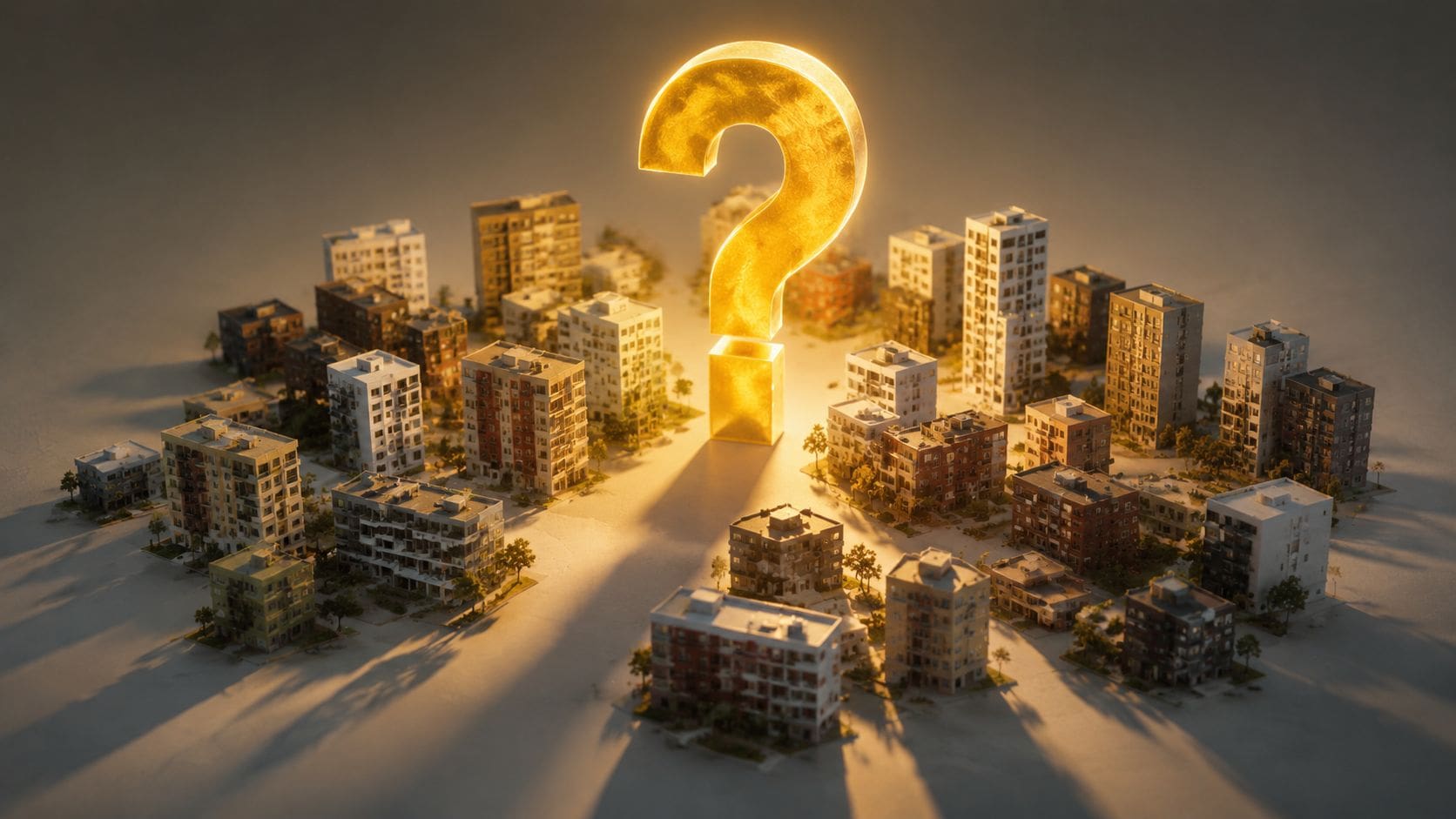 A miniature city model with a glowing golden question mark standing in the center of the buildings.
