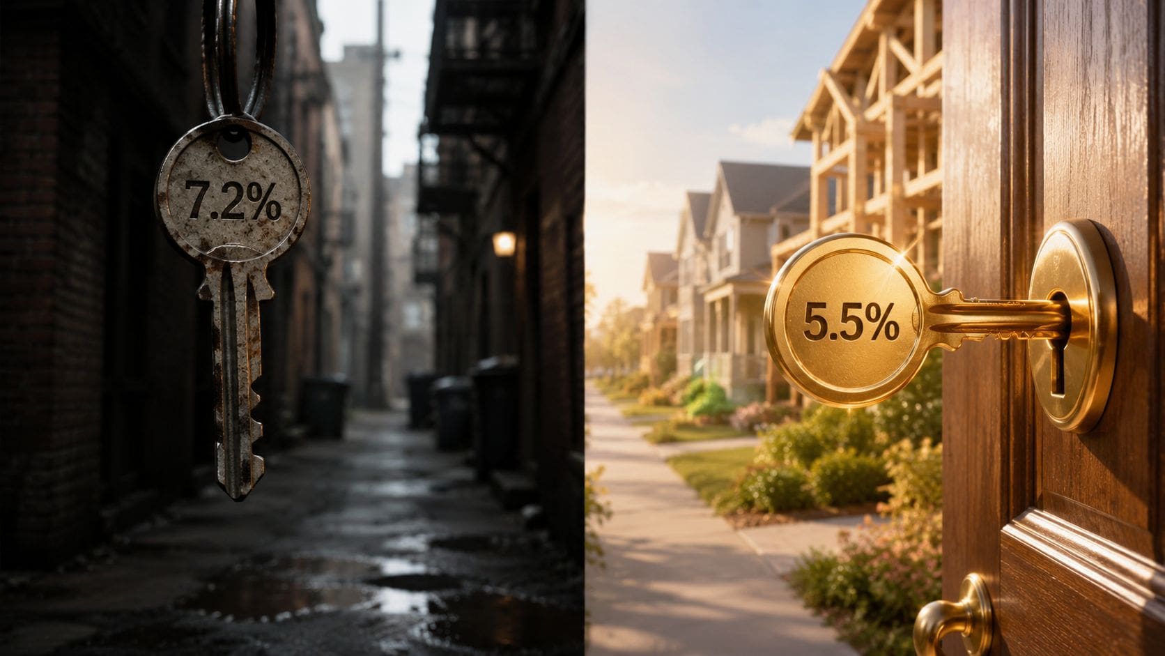 A split image comparing a rusted key labeled 7.2% with a shiny gold key labeled 5.5%.