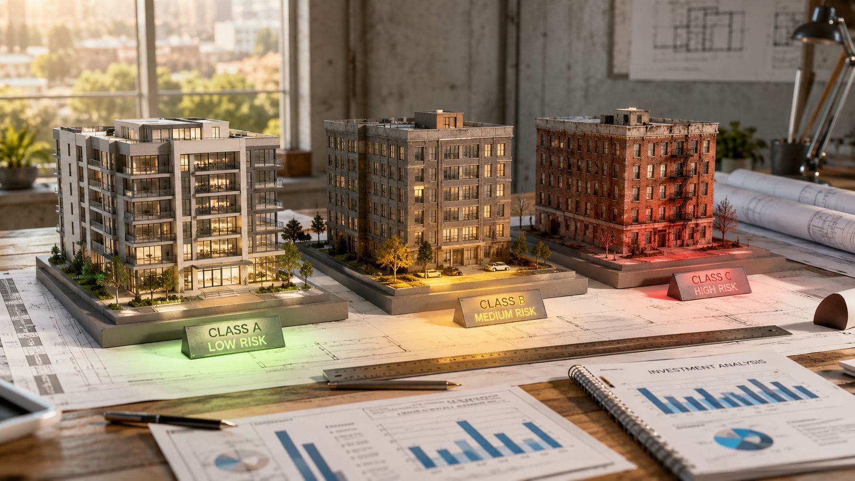 Three miniature building models on blueprints labeled Class A Low Risk, Class B Medium Risk, and Class C High Risk.