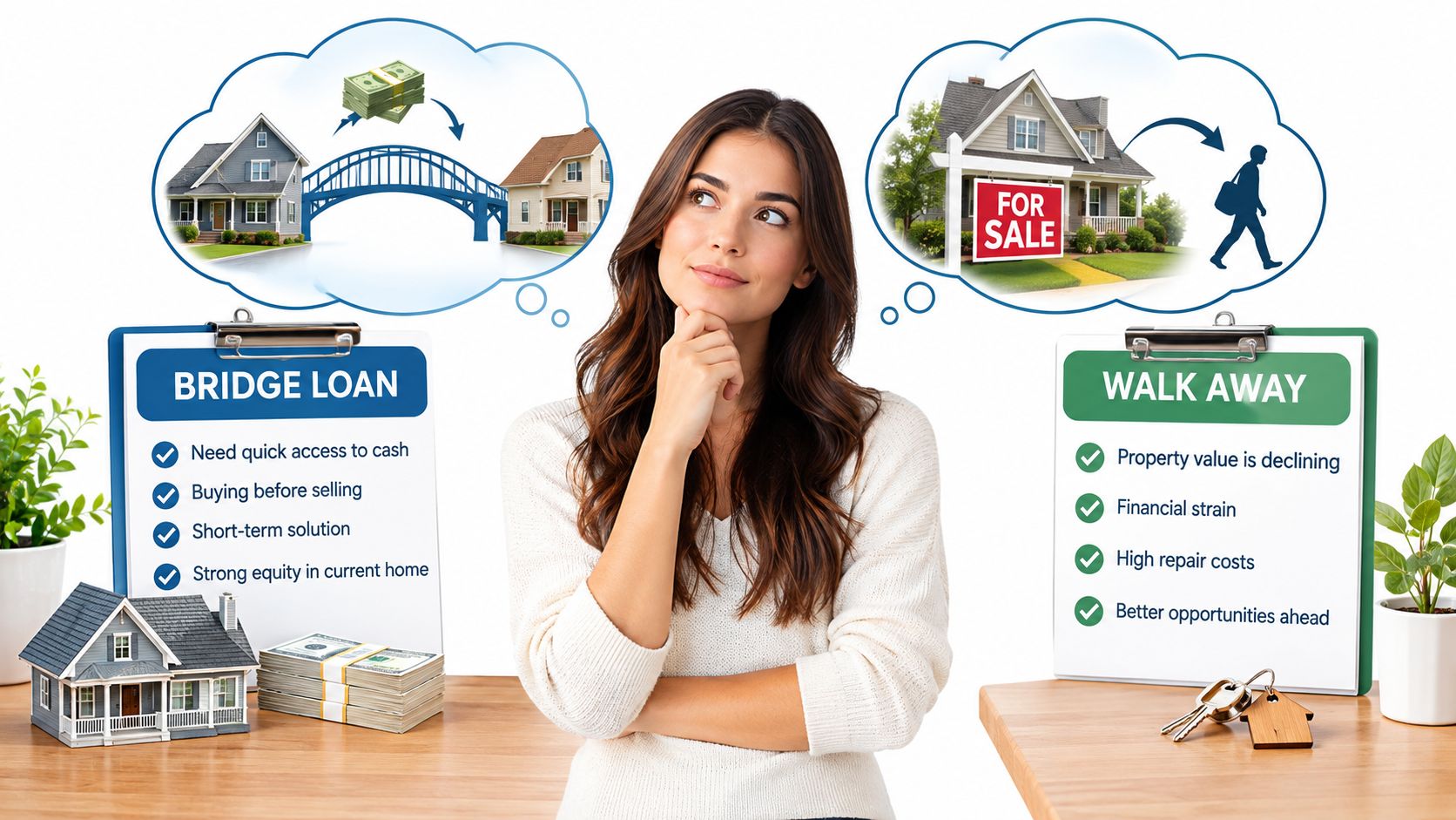 A woman contemplating between choosing a bridge loan or walking away from a real estate transaction.