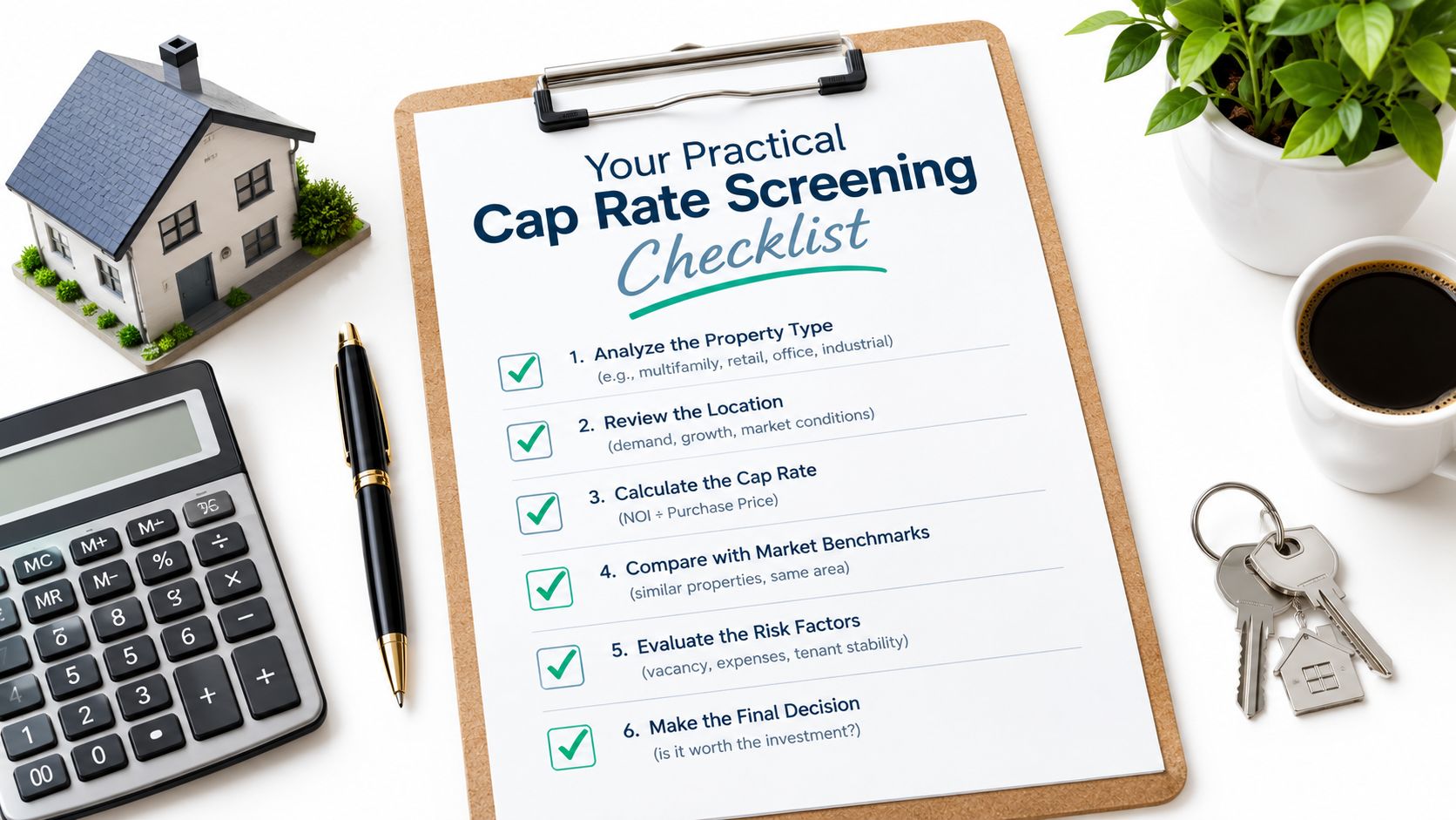 A checklist for real estate cap rate screening with a calculator, house model, and office supplies.
