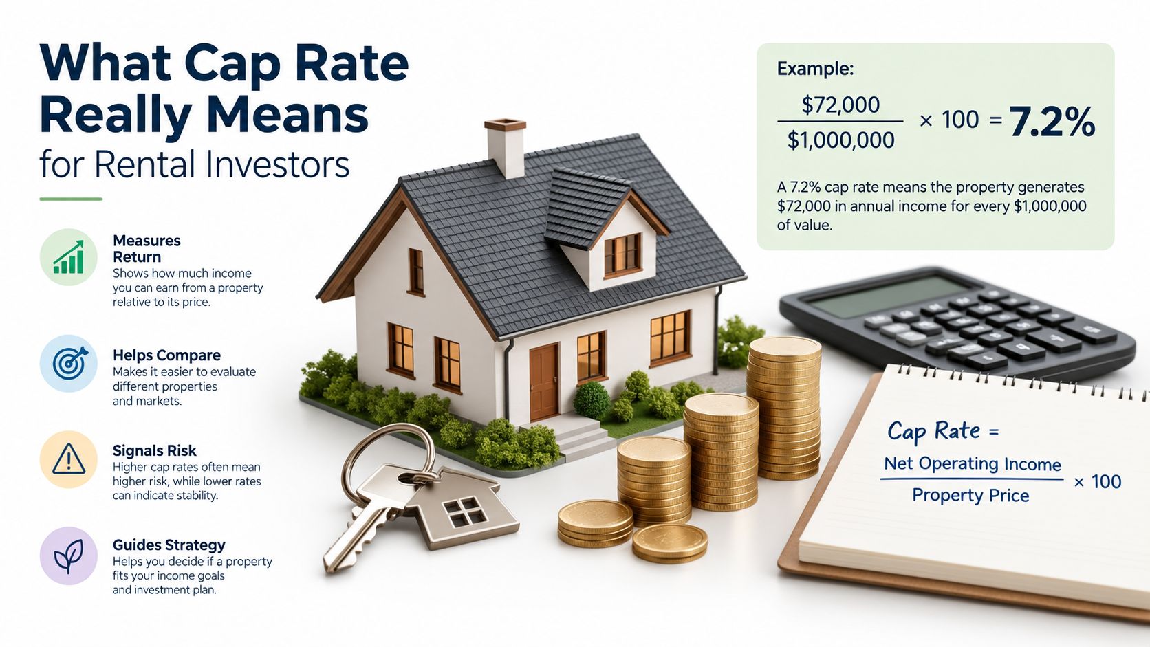 An infographic explaining real estate cap rates with a house model, coins, and calculation formula displayed.