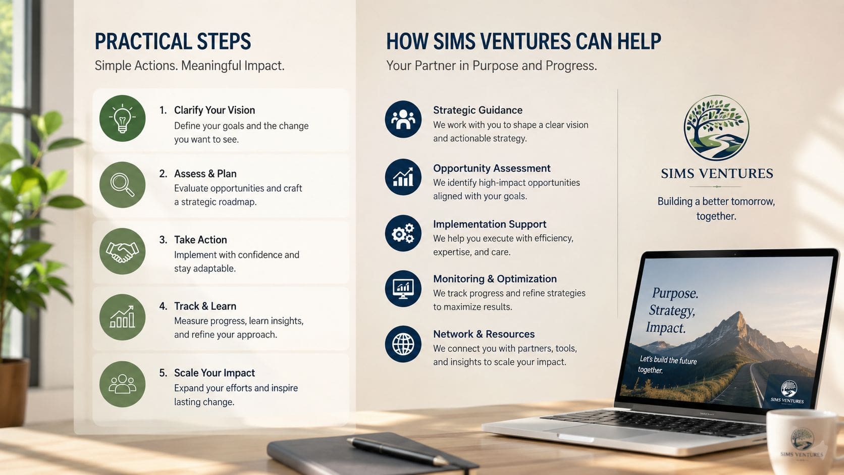 A professional infographic titled Practical Steps and How Sims Ventures Can Help, showcasing business development services.