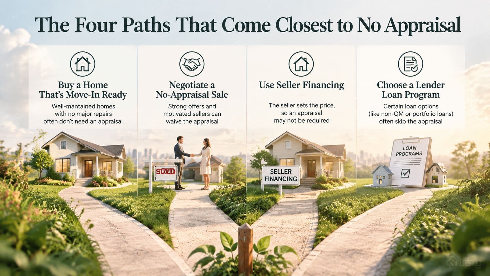 A diagram illustrating four real estate paths that can help buyers avoid or minimize a home appraisal.