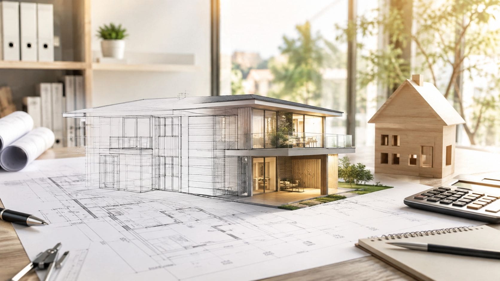 A detailed 3D architectural model of a modern house on top of blueprints with a calculator.