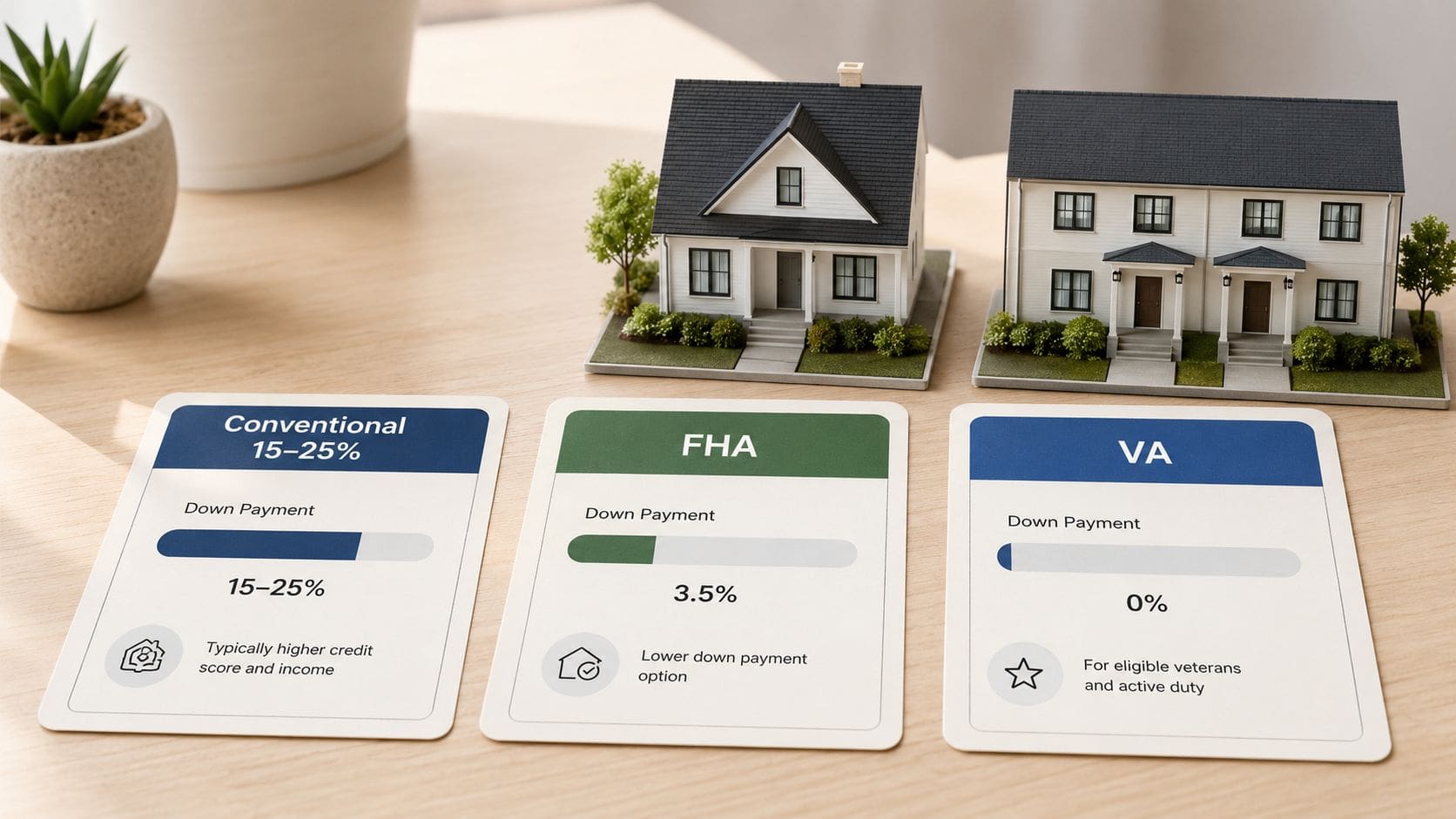 Three cards displaying down payment percentages for Conventional, FHA, and VA home loans on a table.