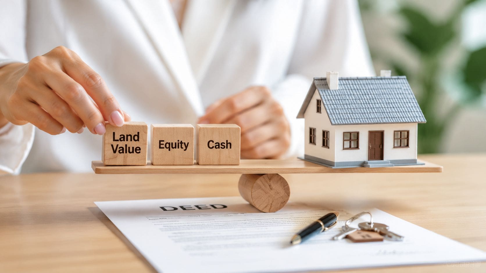 A person balancing wooden blocks labeled Land Value, Equity, and Cash against a model house on scales.