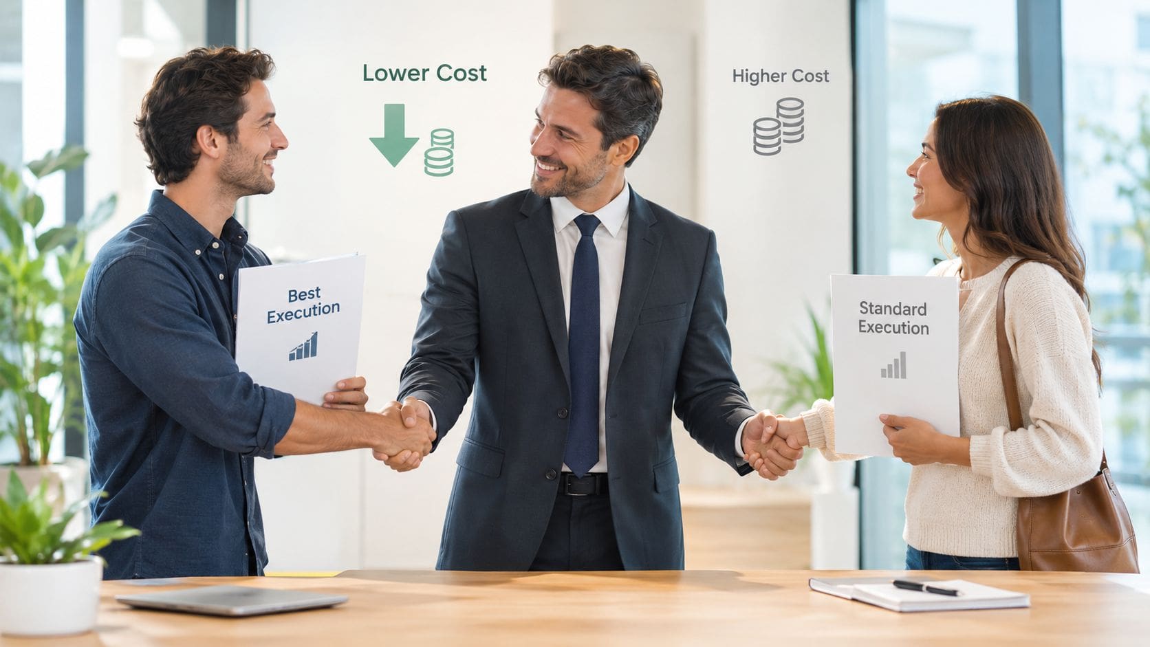 A professional advisor shaking hands with two clients in an office setting about financial loan services.