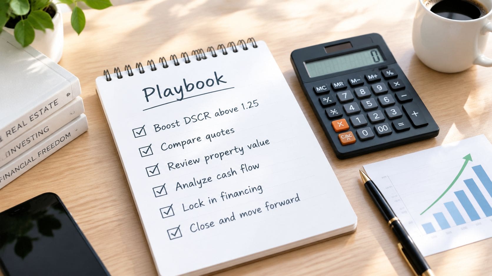 A checklist labeled Playbook on a desk with a calculator, notebook, and financial growth chart.