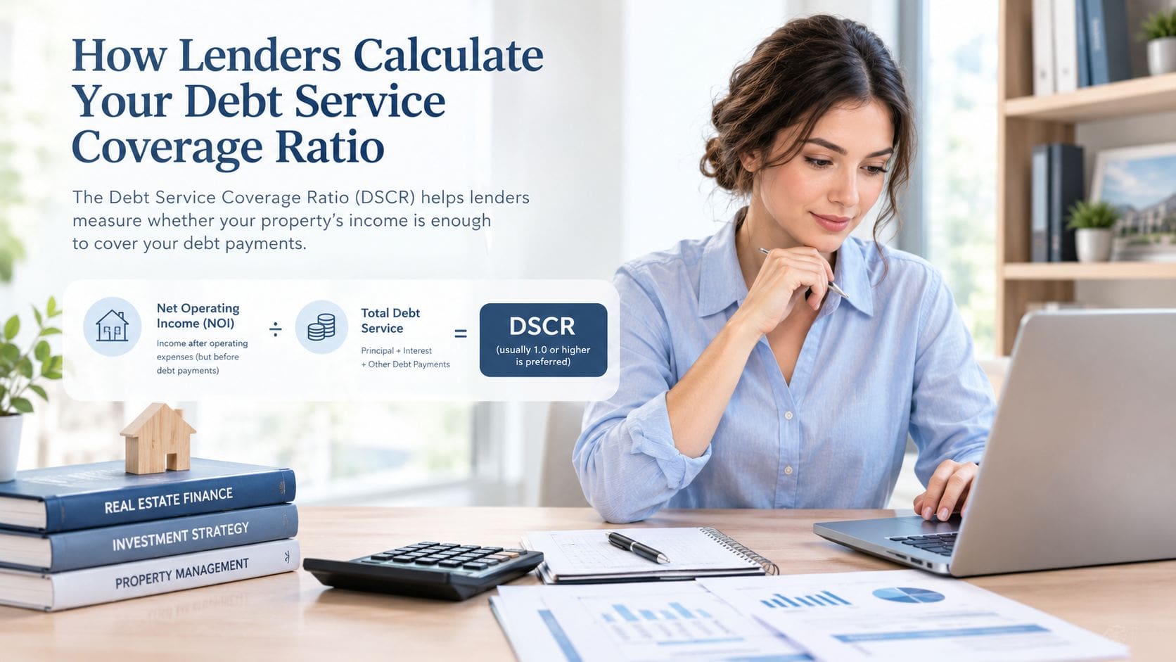 A professional woman working on a laptop with an infographic explaining the debt service coverage ratio formula.