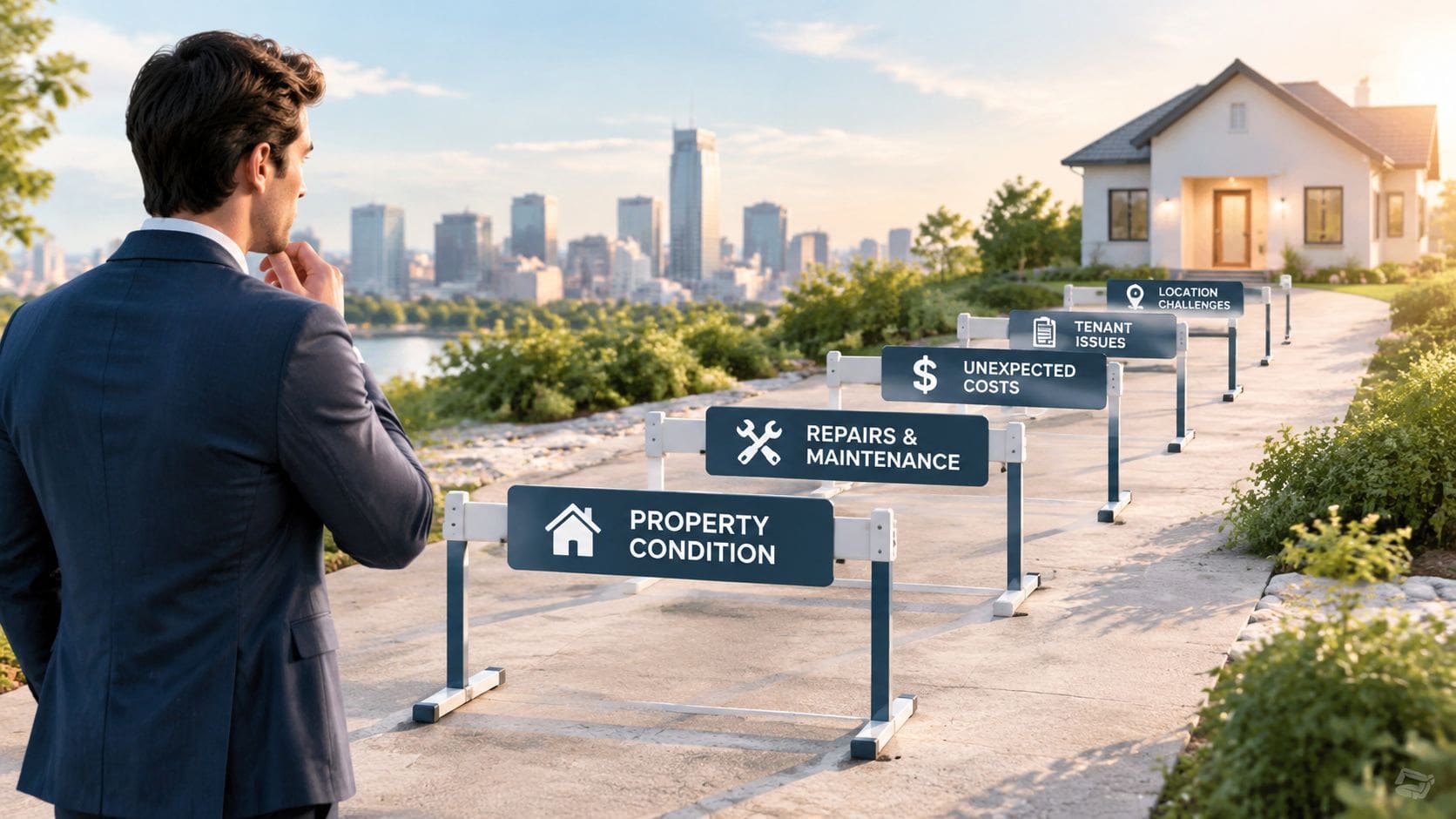 A businessman standing before a series of hurdles representing obstacles in property investment and rental management.