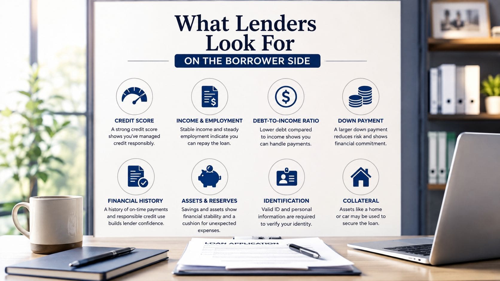 An infographic detailing eight key factors lenders evaluate on a borrower application for financial loan approval.