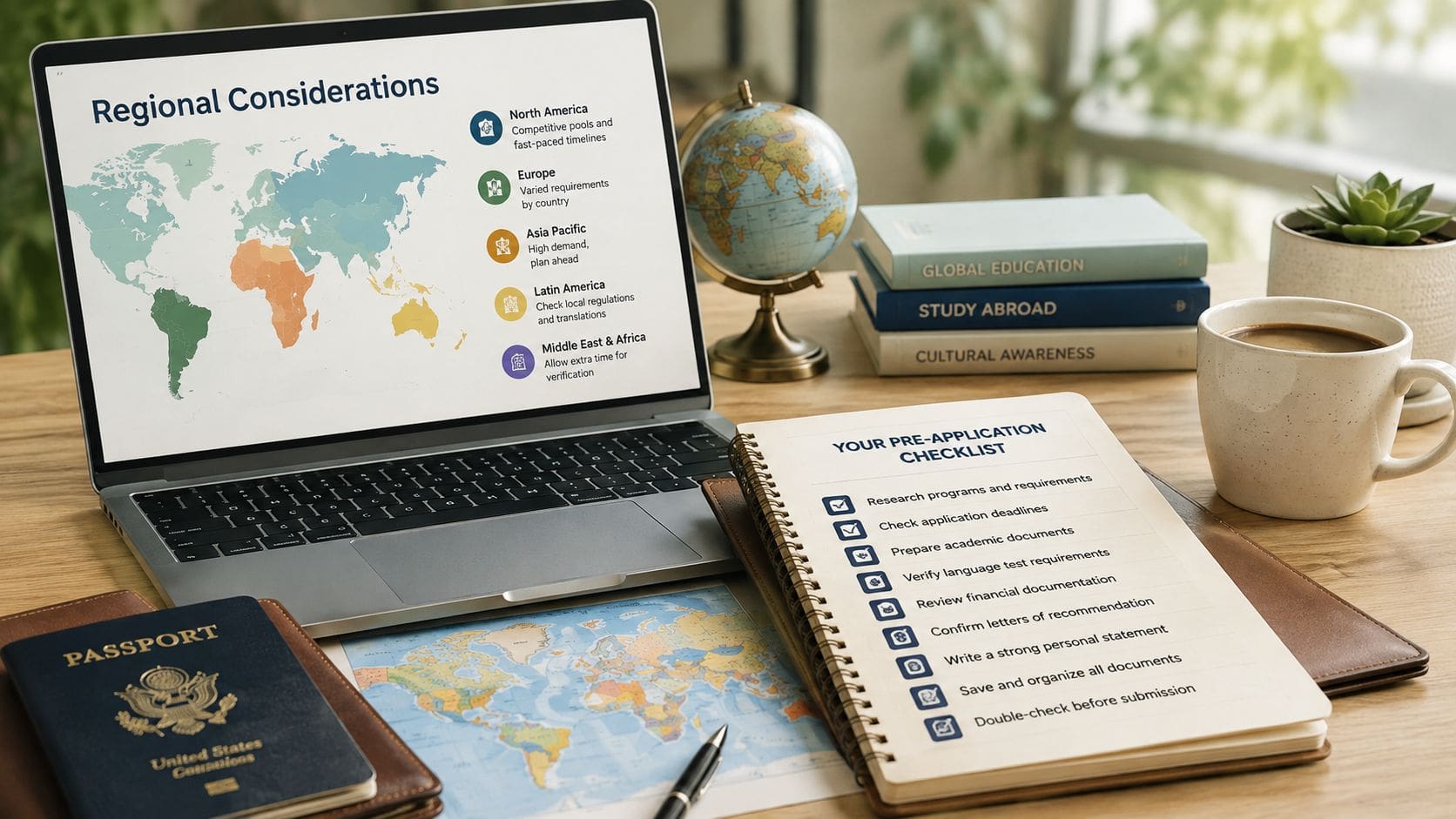 A workspace featuring a laptop showing global application considerations, a passport, and a study abroad preparation checklist.