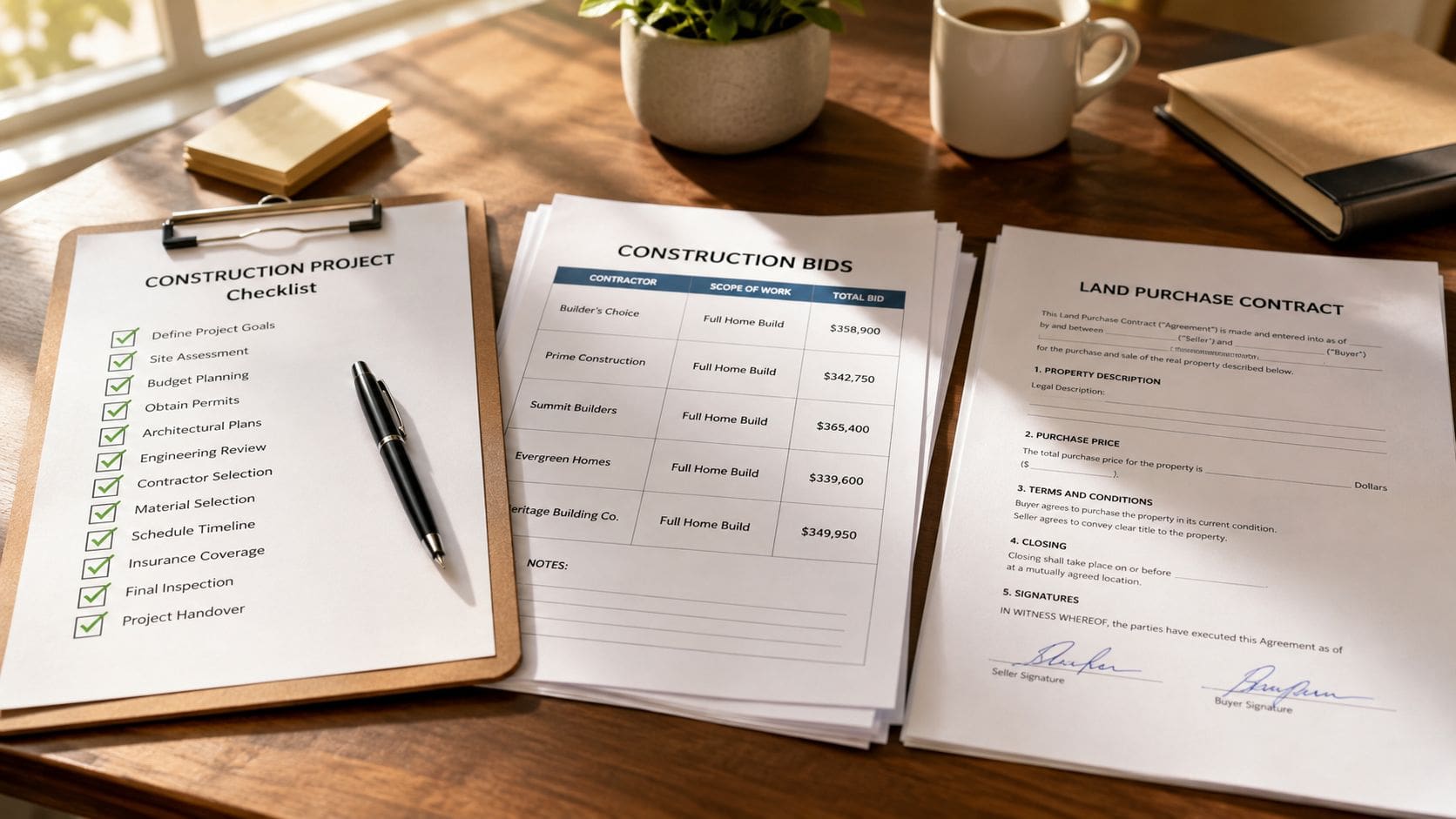 A wooden desk with a construction project checklist, contractor bids, and a land purchase contract document.