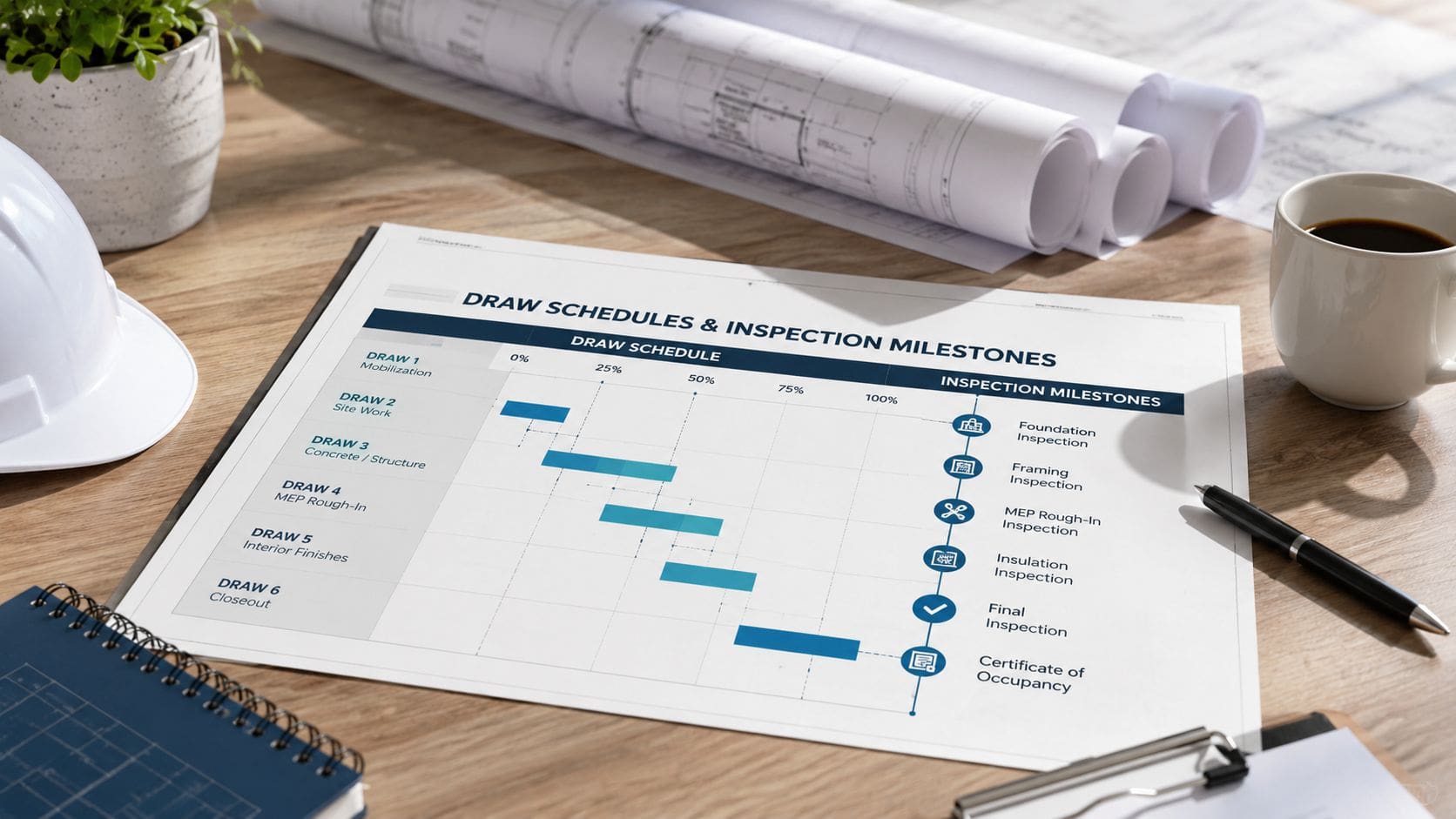 A construction draw schedule and inspection milestones chart on a wooden desk with blueprints and a hard hat.