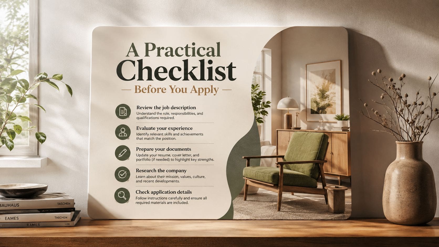 An aesthetic infographic on a desk detailing a practical job application checklist with a cozy living room background.
