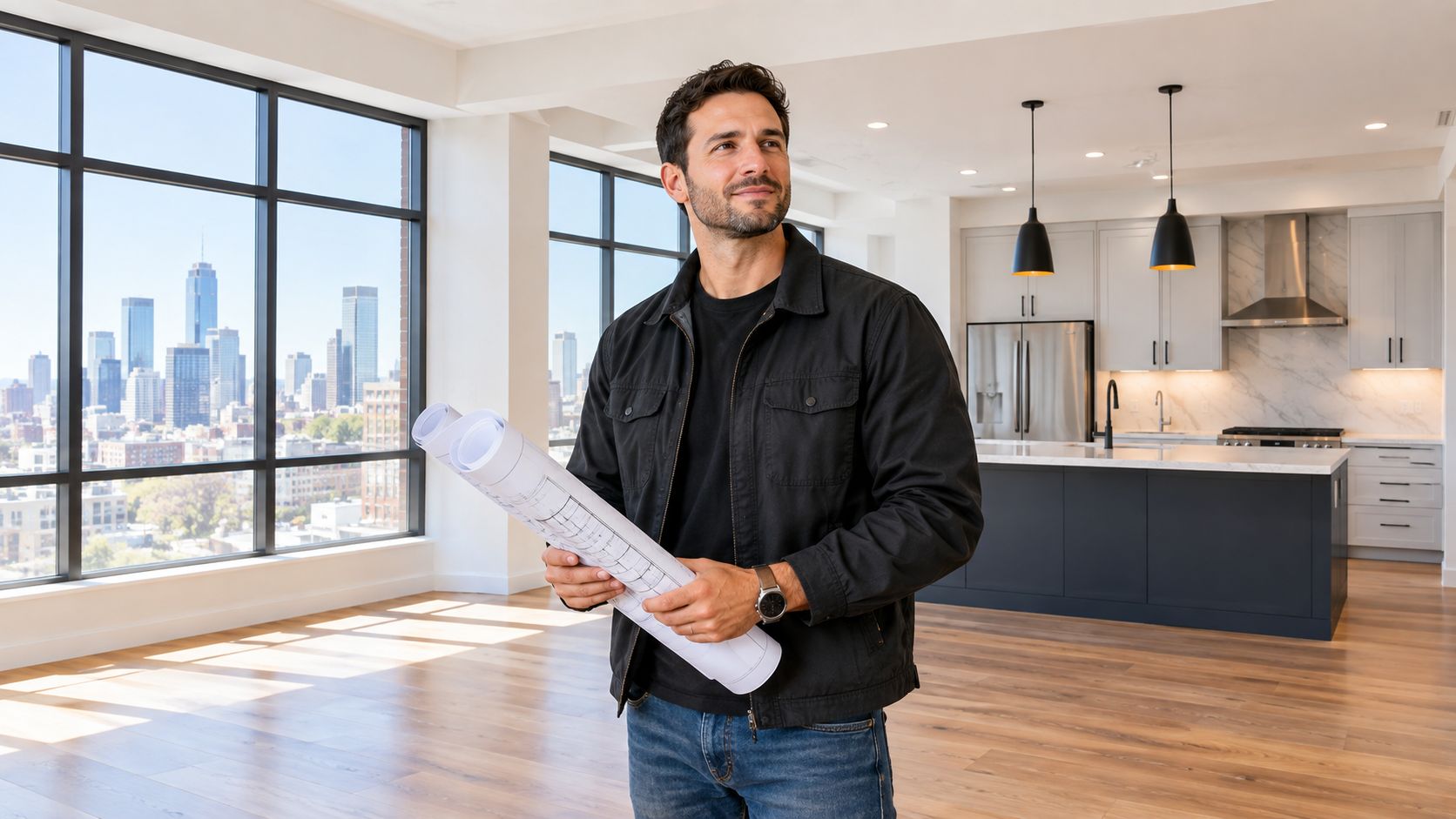 A professional man holding architectural blueprints stands in a modern apartment with city views and kitchen.