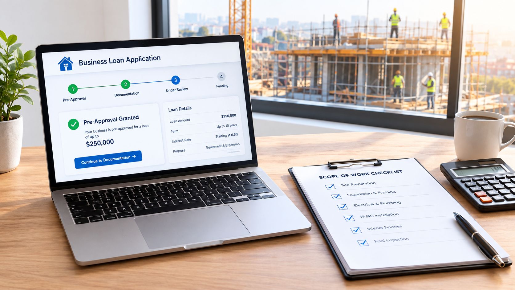 A laptop showing a business loan application on a desk next to a project checklist.
